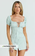 Estelle Mini Dress - Off Shoulder Ruched Bodice Fitted Placket Front Skirt Dress in Mint Stripe