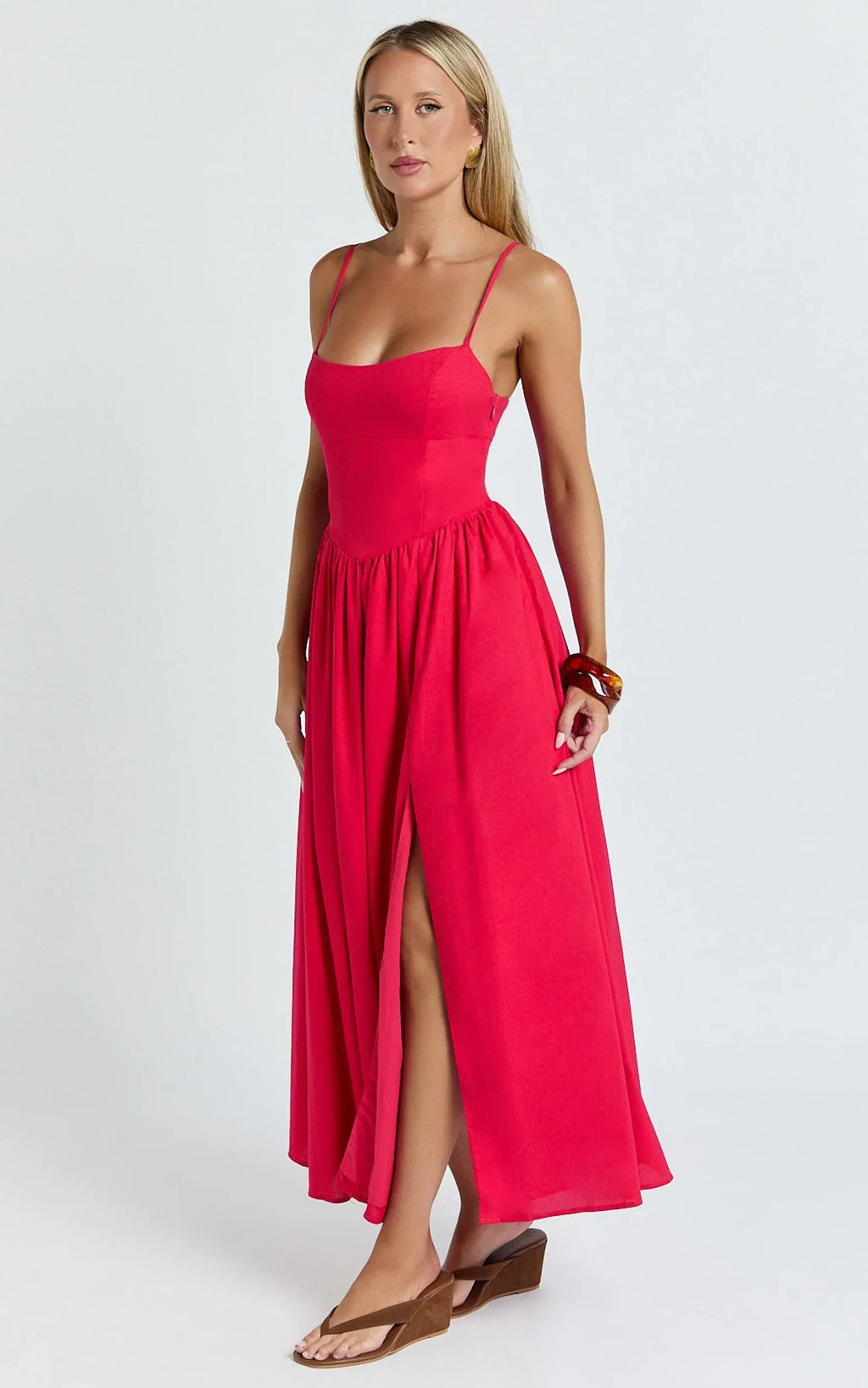 Morris Midi Dress - Linen Scoop Neck Gathered Dress in Red