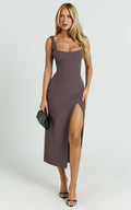 Aretha Midi Dress - Square Neckline High Split Dress in Mocha