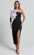 Fergie Midi Dress - Strapless 3D Floral Thigh Split Dress in Black and White