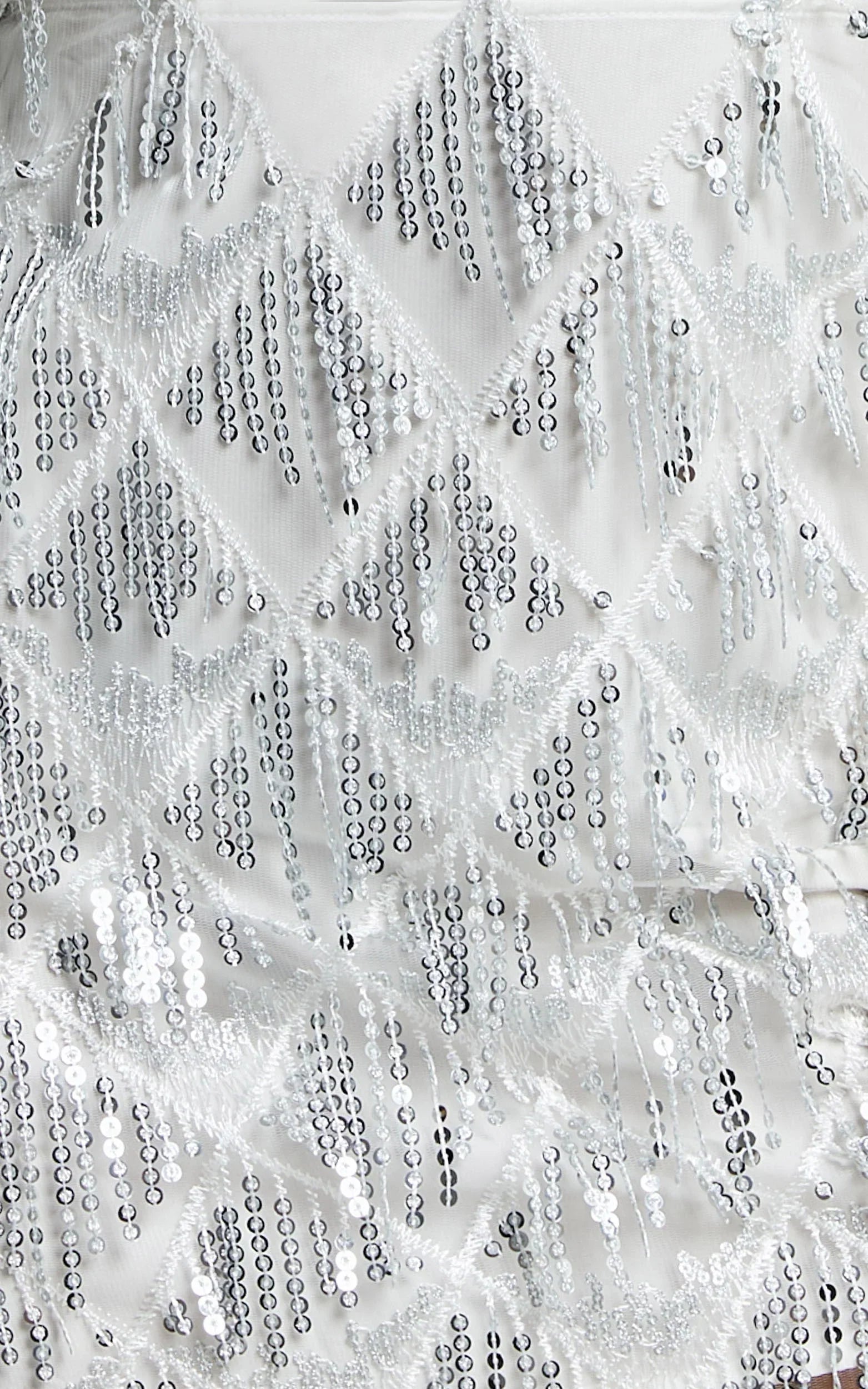 Khrizza Mini Skirt - Sequin Diamond Mesh Skirt in White/Silver