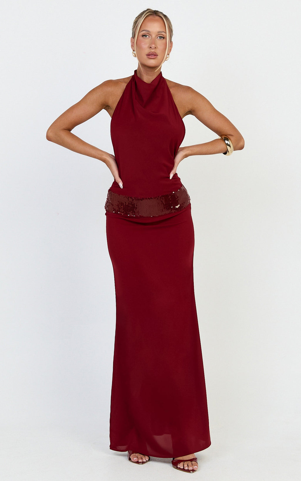 Evianne Maxi Dress - Backless Sequin Drop Waist Halter Dress in Wine
