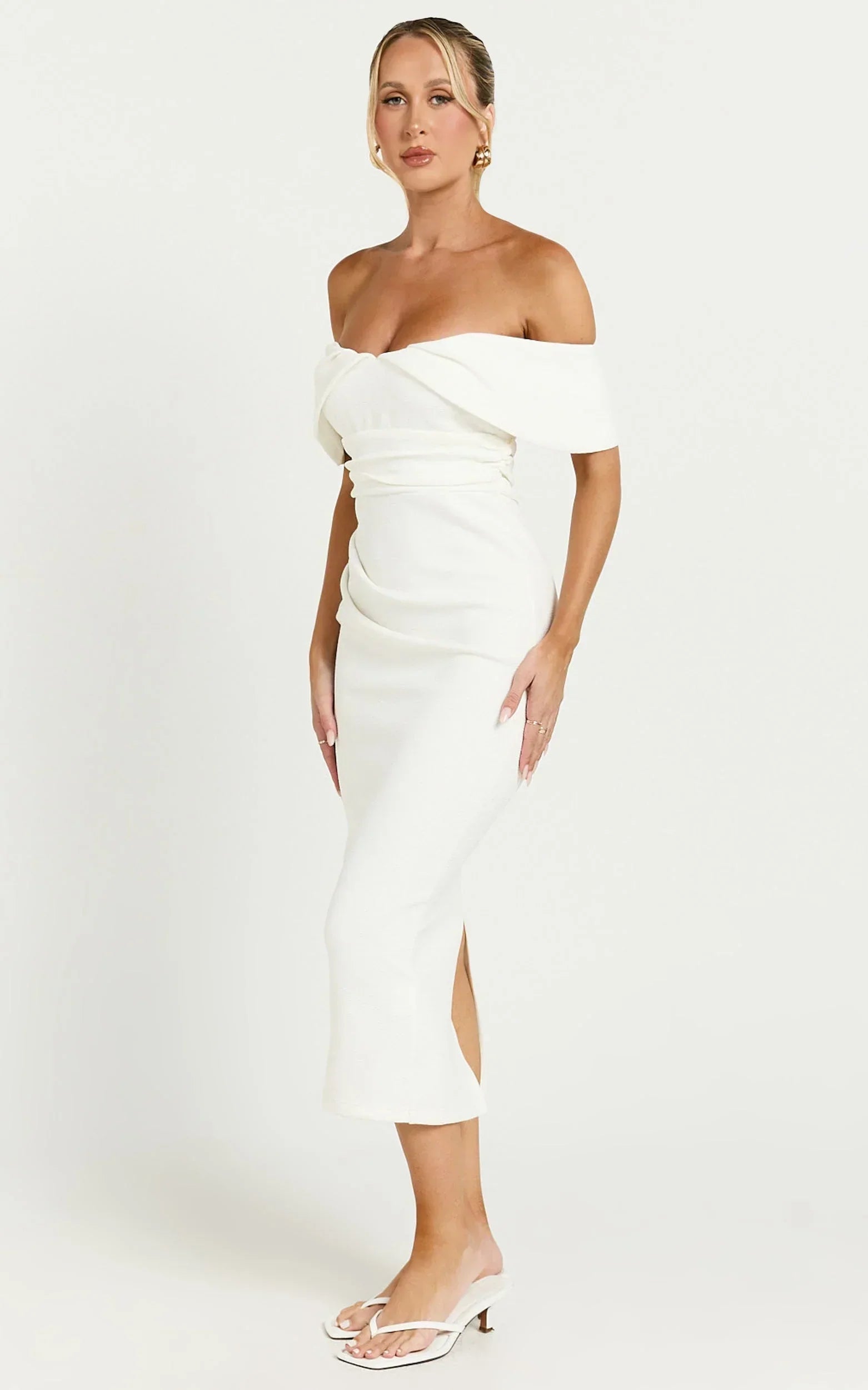 Noraly Midi Dress - Off The Shoulder Slip Dress in White