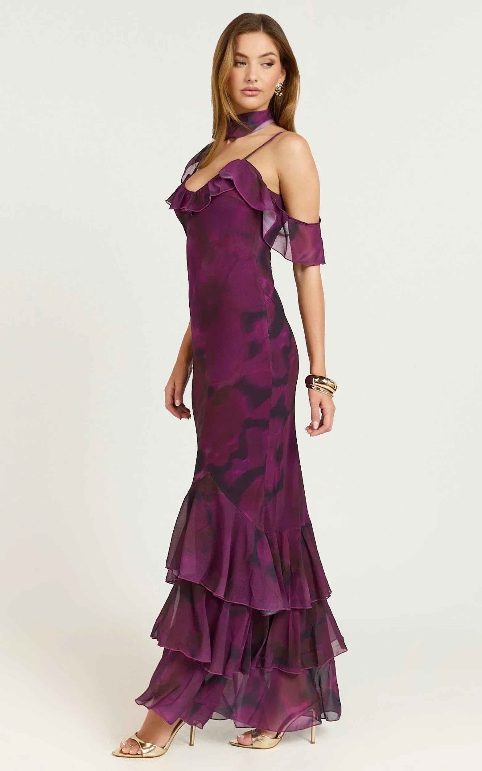 Riley Maxi Dress - Asymmetric Ruffle Detail Maxi Dress in Royal Adeana