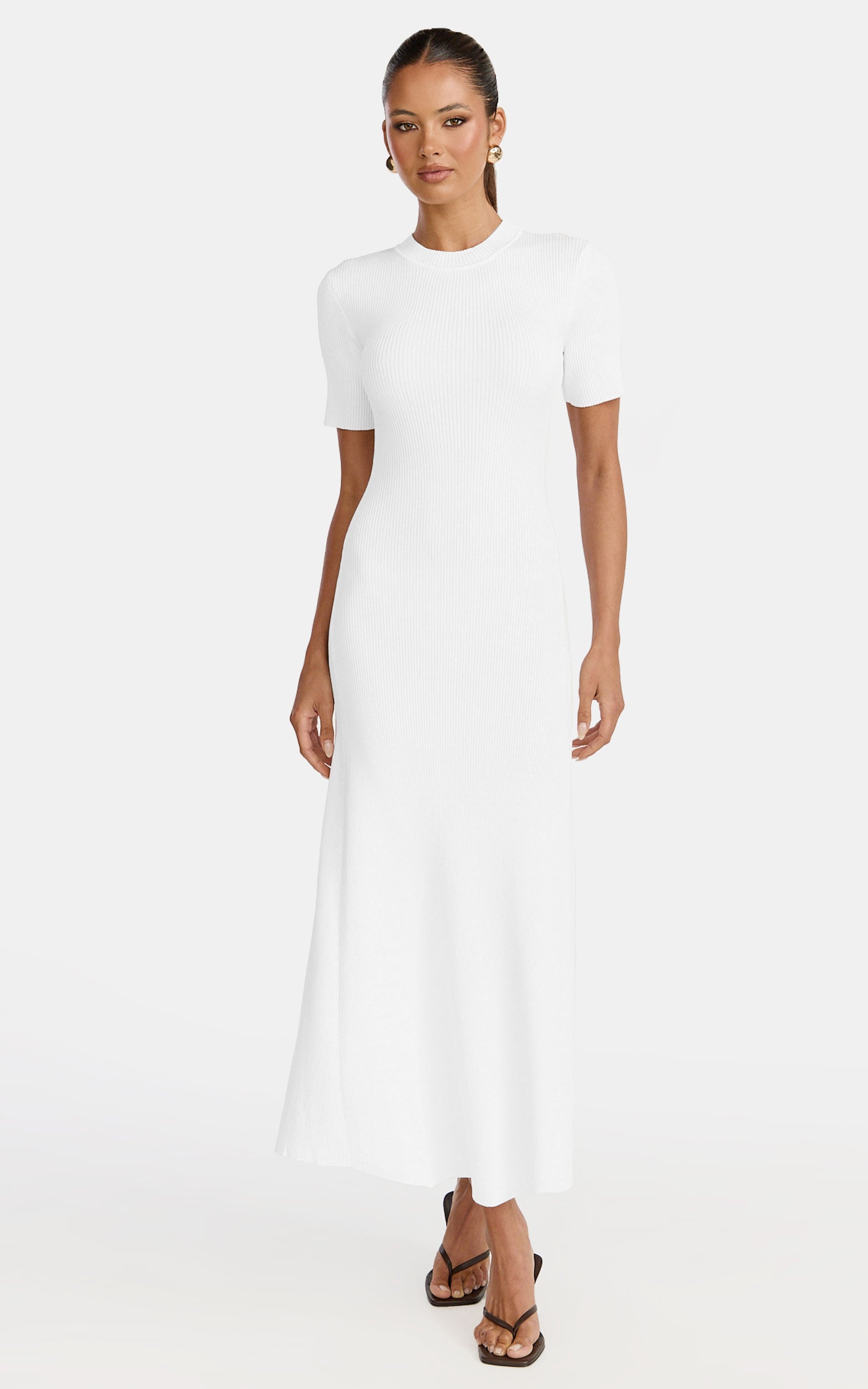 Lanie Midi Dress - Knitted Crew Neck Short Sleeve Dress in Cream