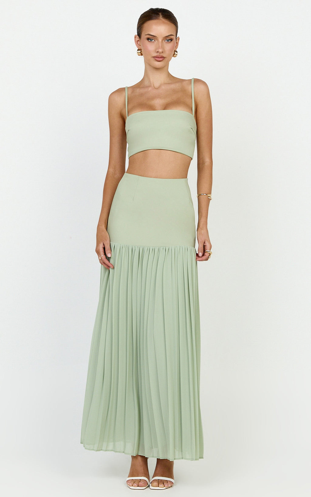 Rowan Two Piece Top and Skirt Set - Square Neck Crop Top and High Waist Pleated Maxi Skirt Set in Sage