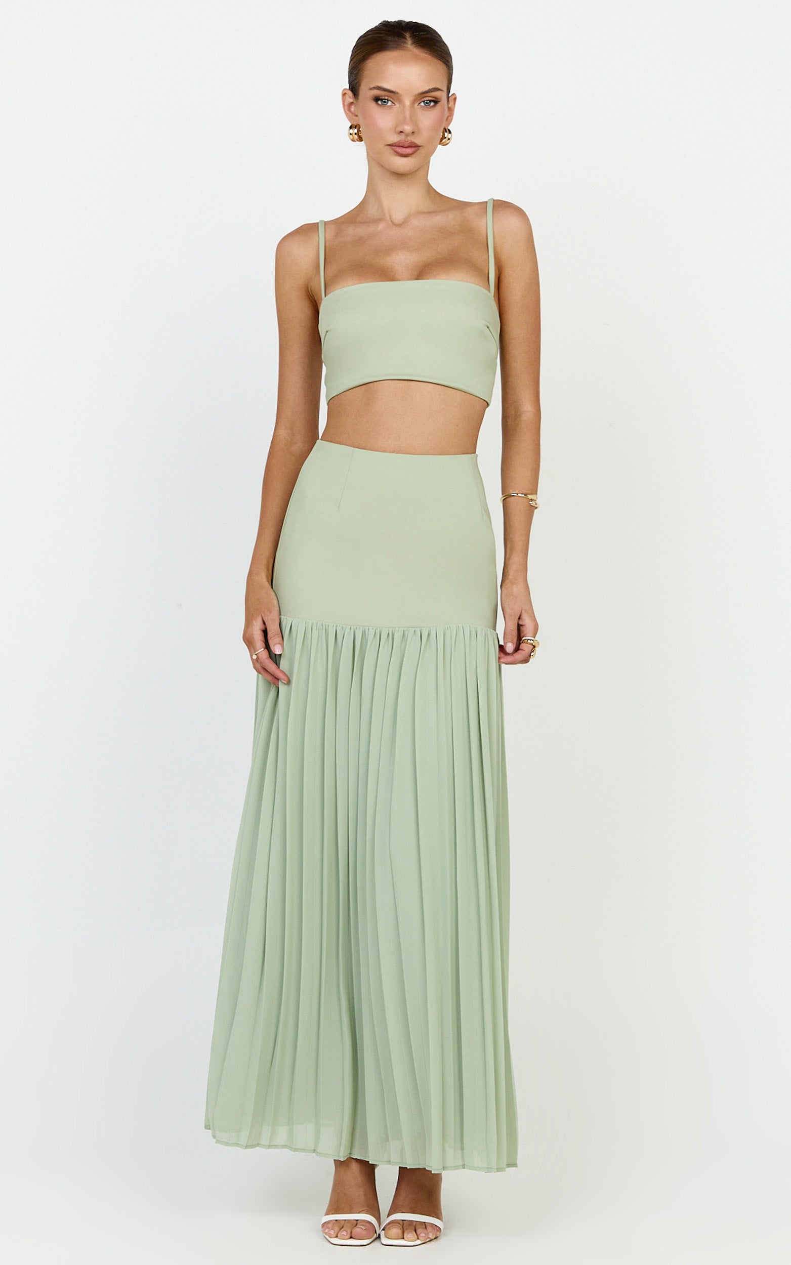 Rowan Two Piece Top and Skirt Set - Square Neck Crop Top and High Waist Pleated Maxi Skirt Set in Sage
