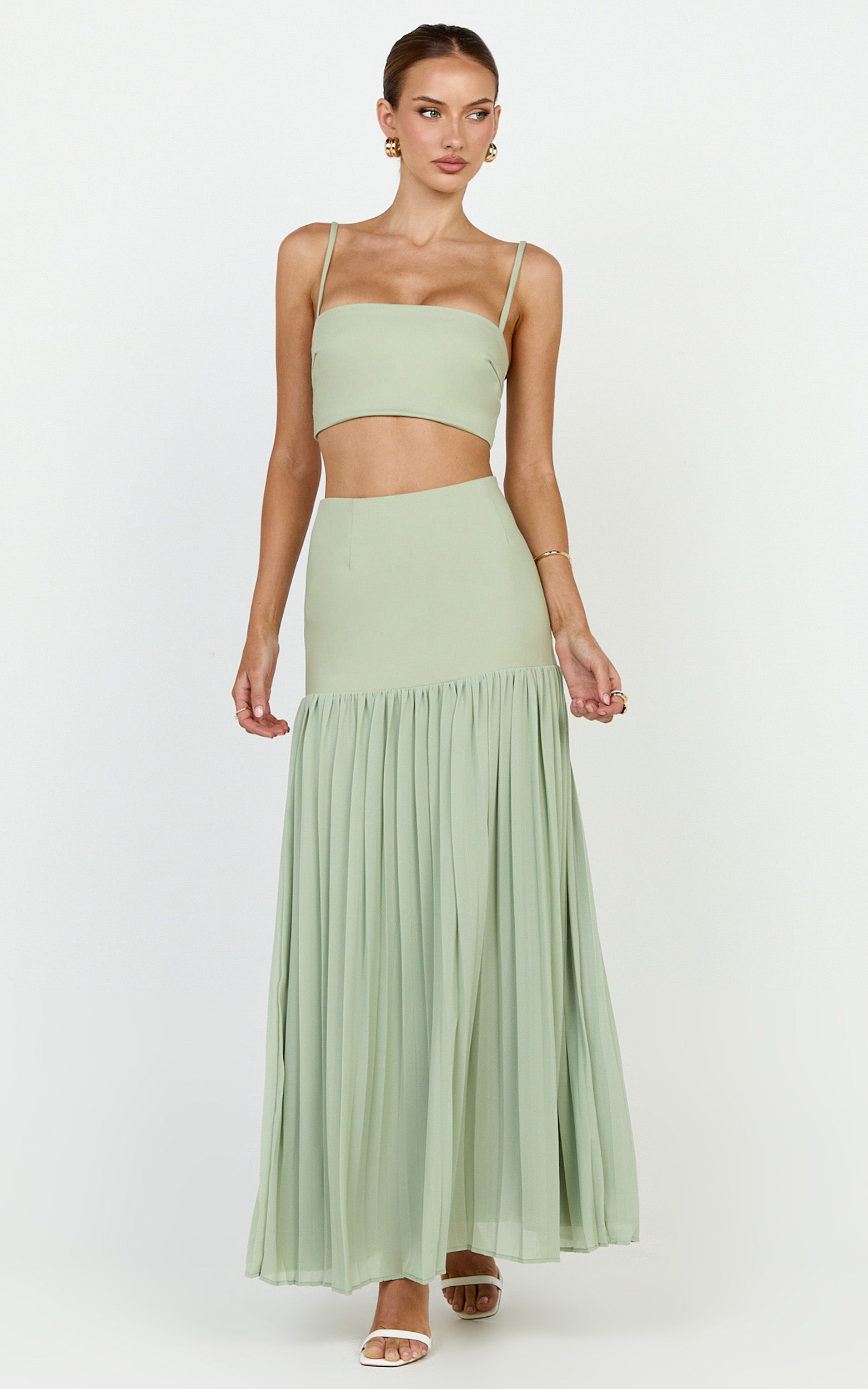 Rowan Two Piece Top and Skirt Set - Square Neck Crop Top and High Waist Pleated Maxi Skirt Set in Sage