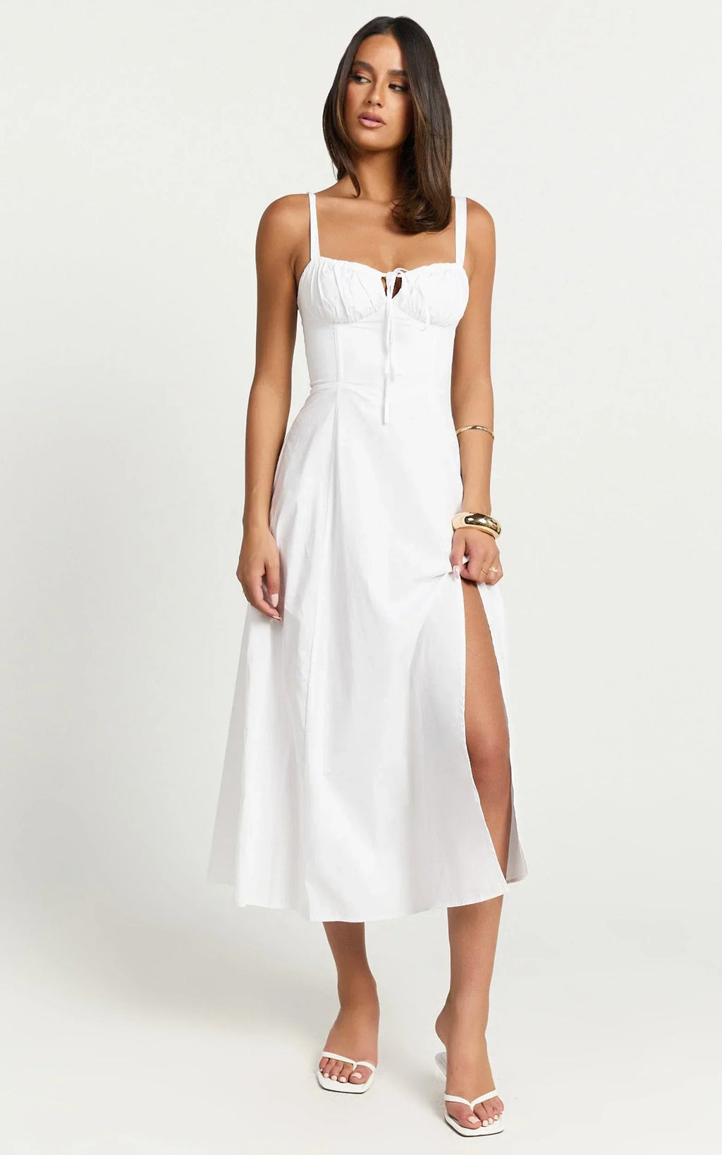 Maiya Midi Dress - Tie Front Fitted Bodice Dress in White
