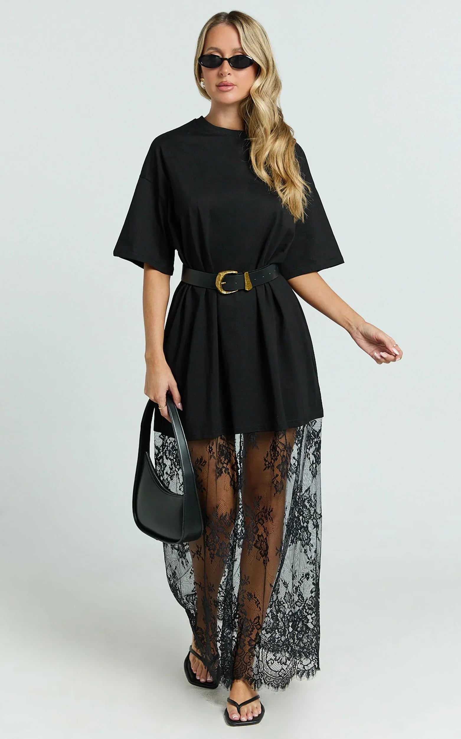 Jonna Midi Dress - Longline Lace Insert Tee in Black