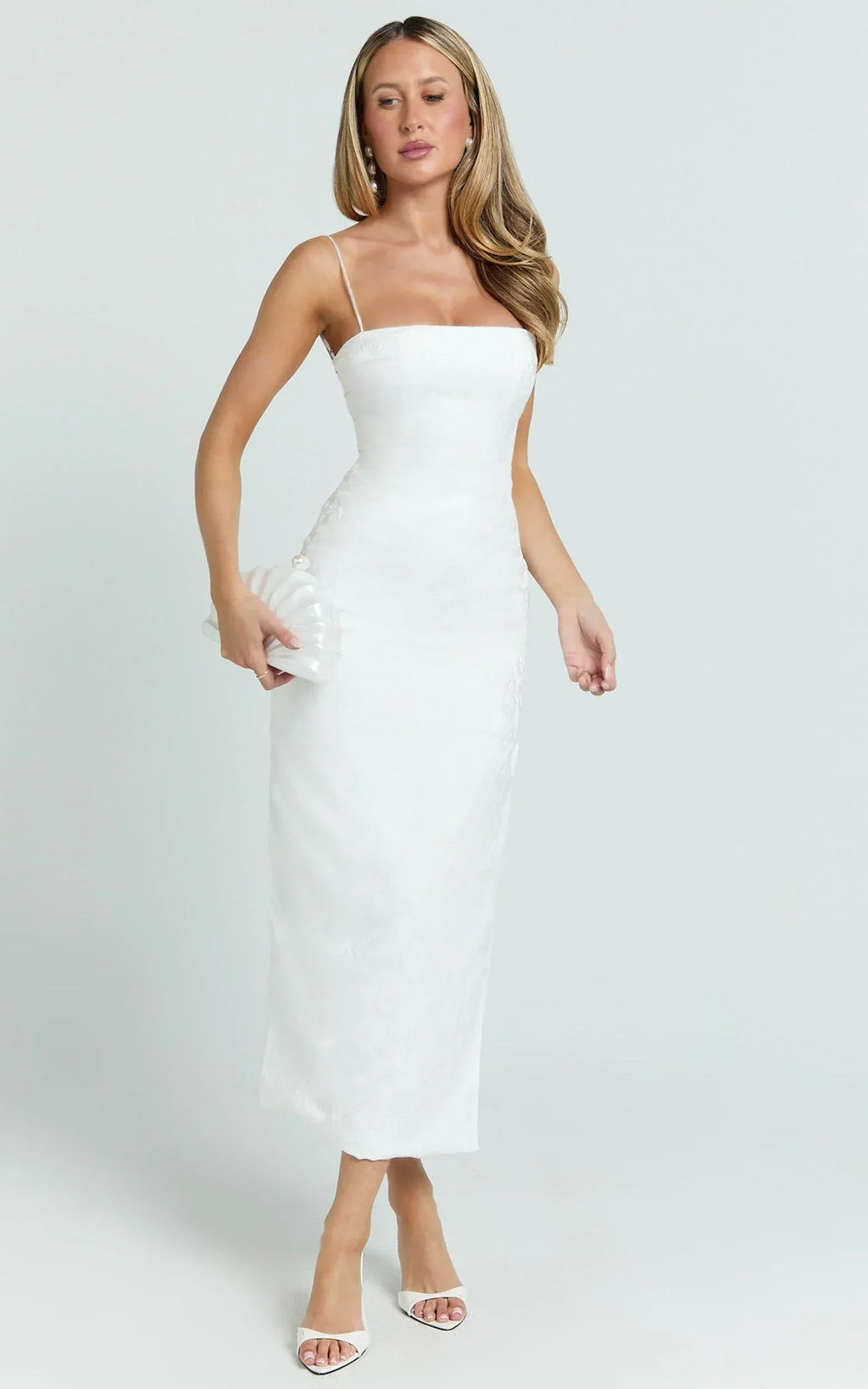 Indiana Midi Dress - Jacquard Square Neck Lace Back Fitted Dress in White
