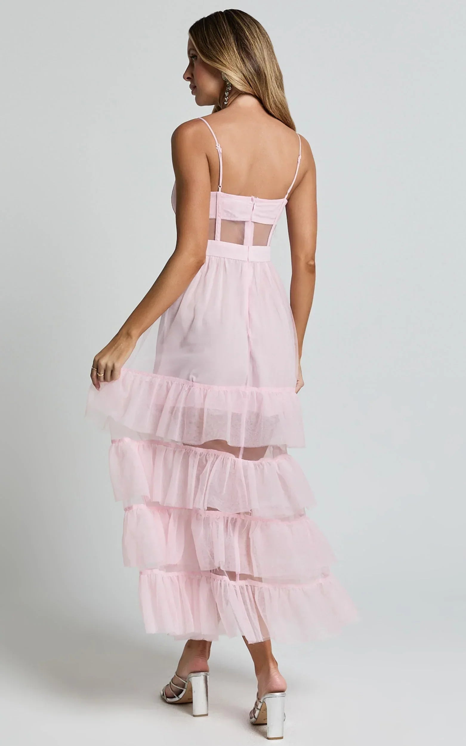 Evelynn Midi Dress - Sweetheart Corset Bodice Fit & Flare Tiered in Ballet Pink