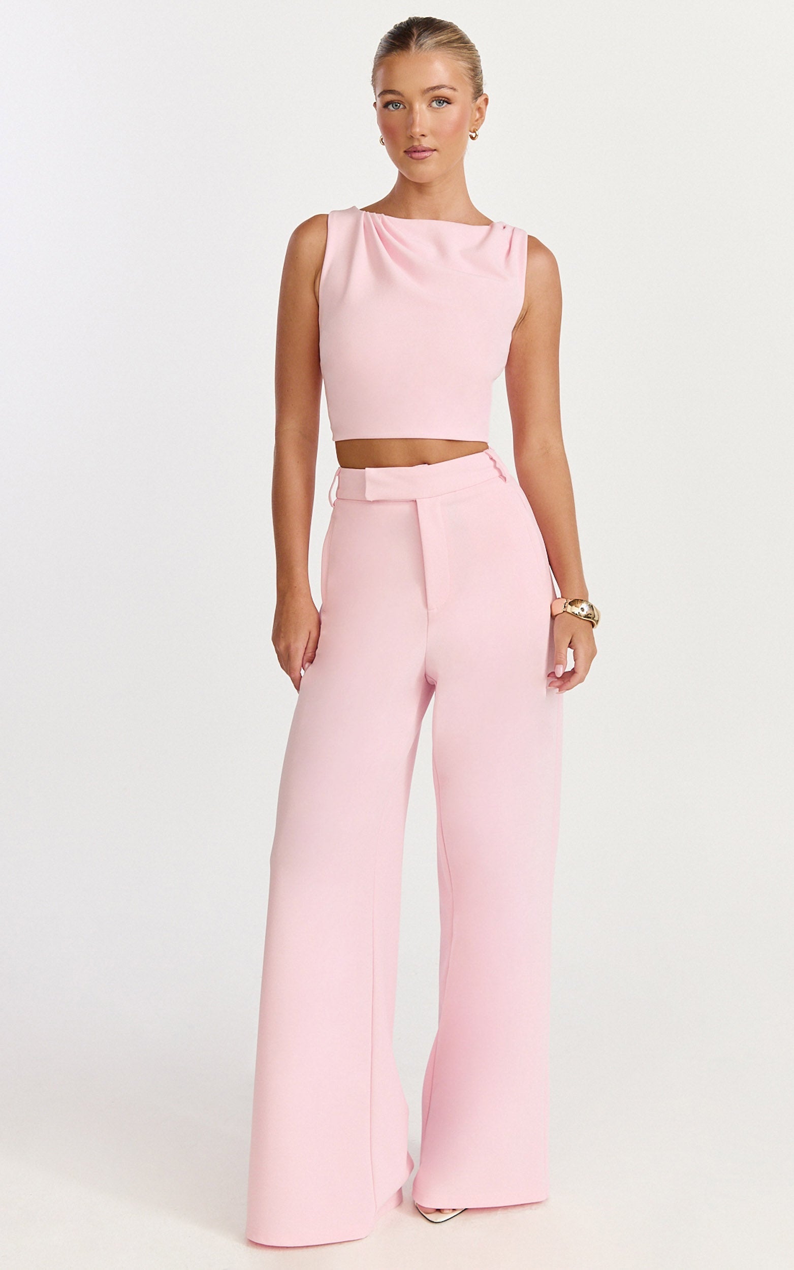 Helen Two Piece Set - Crepe Twisted Top And Wide Leg Pants in Pink