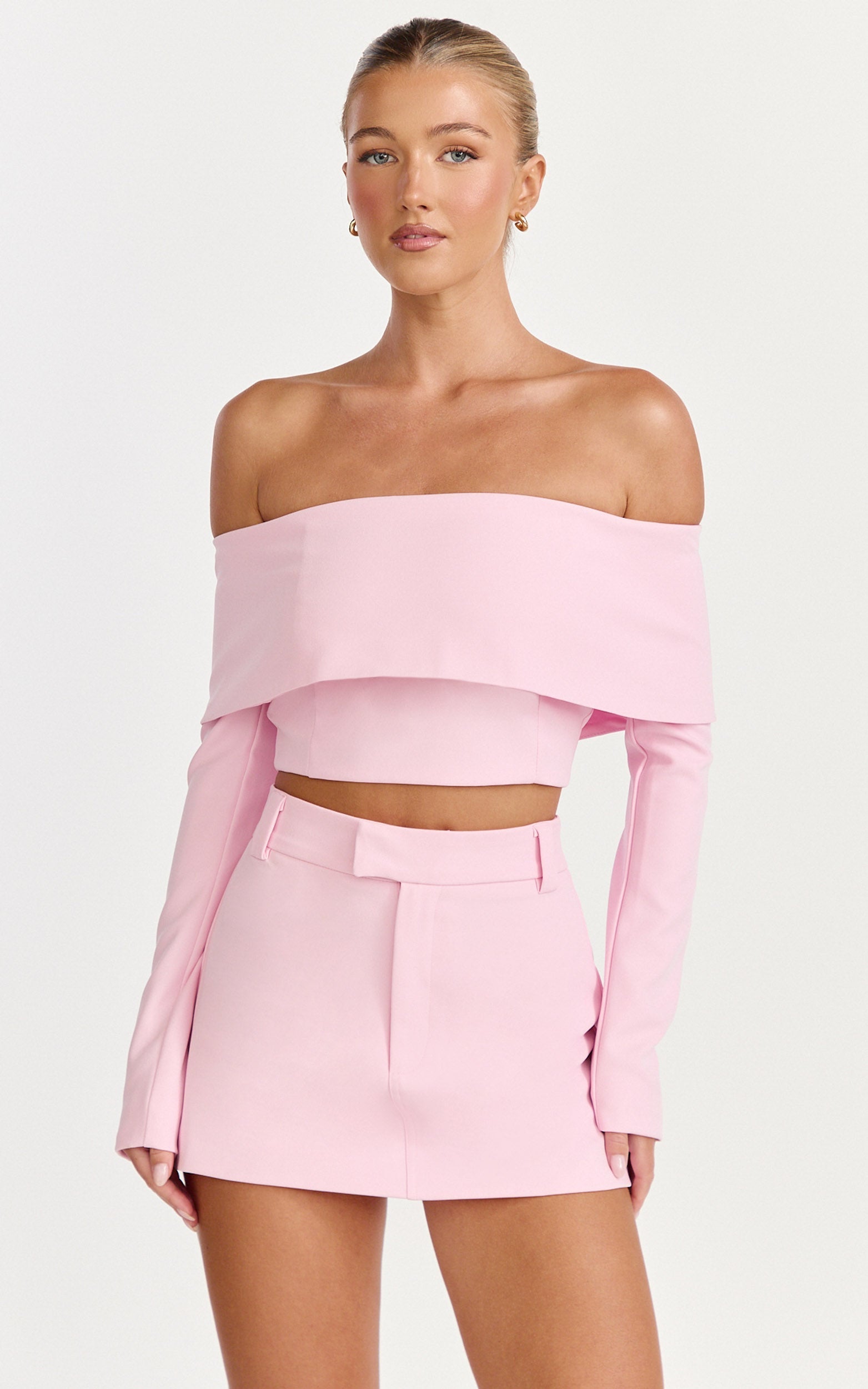 Ursula Top - Long Sleeve Off Shoulder Cropped Top in Pink