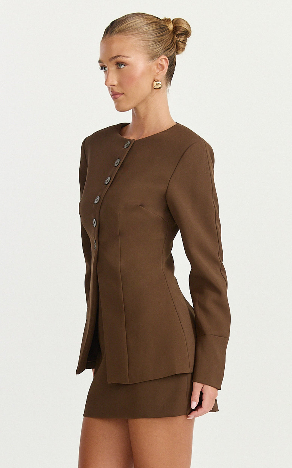 Mikey Jacket - Tailored Long Sleeve Collarless Jacket in Chocolate