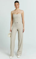 Charlize Pants - Stretch Slim Leg Front Buckle Pants in Stone