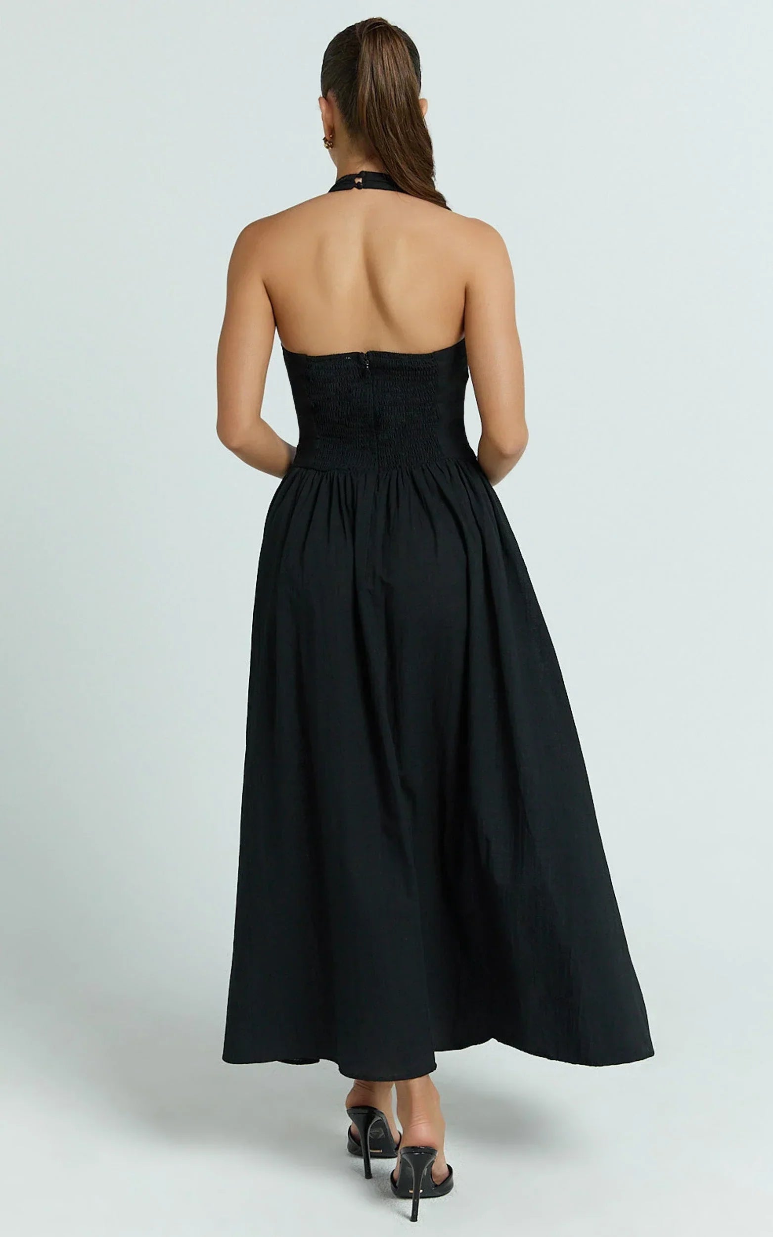 Athena Midi Dress - Halter Drop Waist Dress in Black