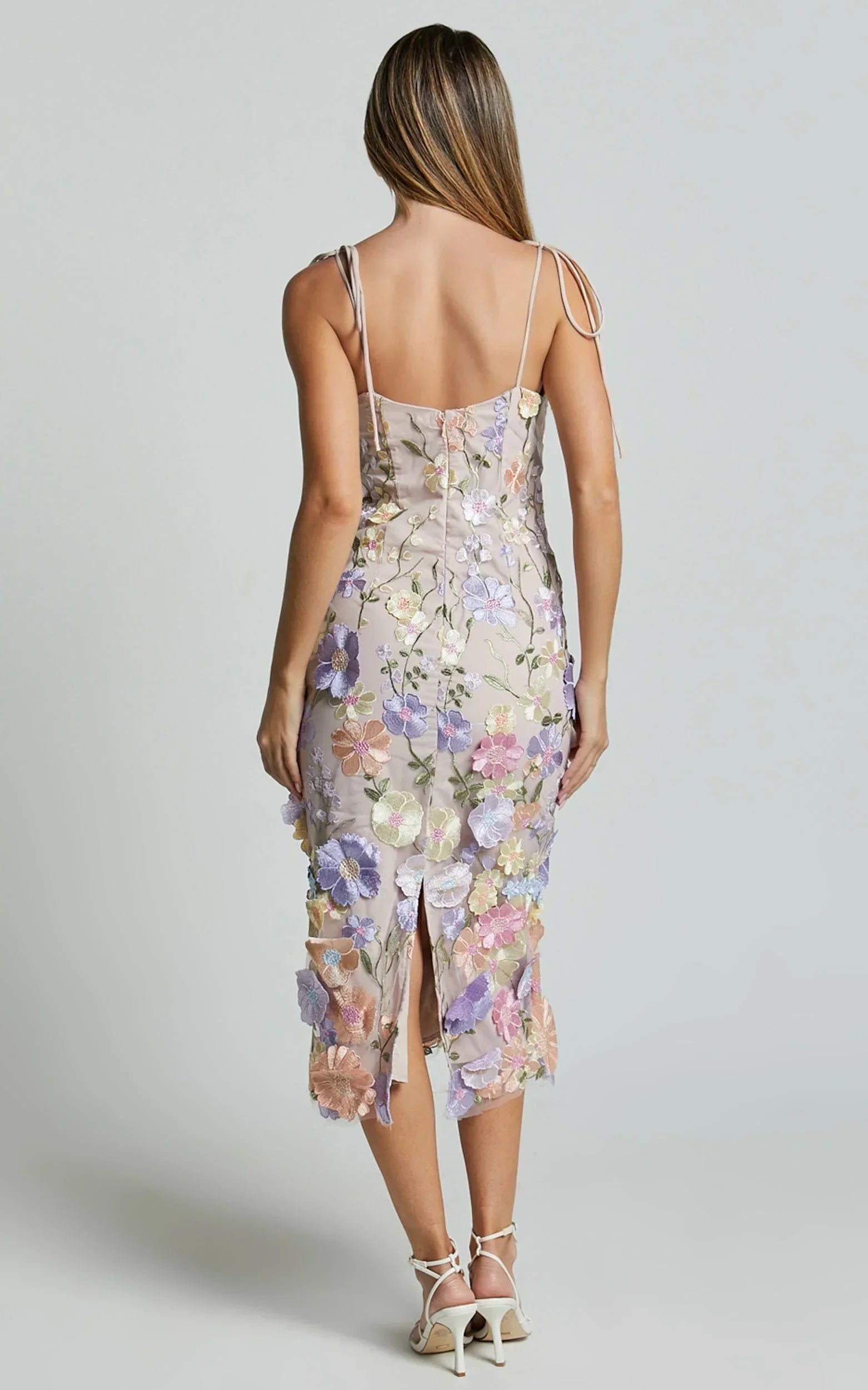 Jamich Midi Dress - Straight Neck Tie Strap Pencil Dress in Soft Pink