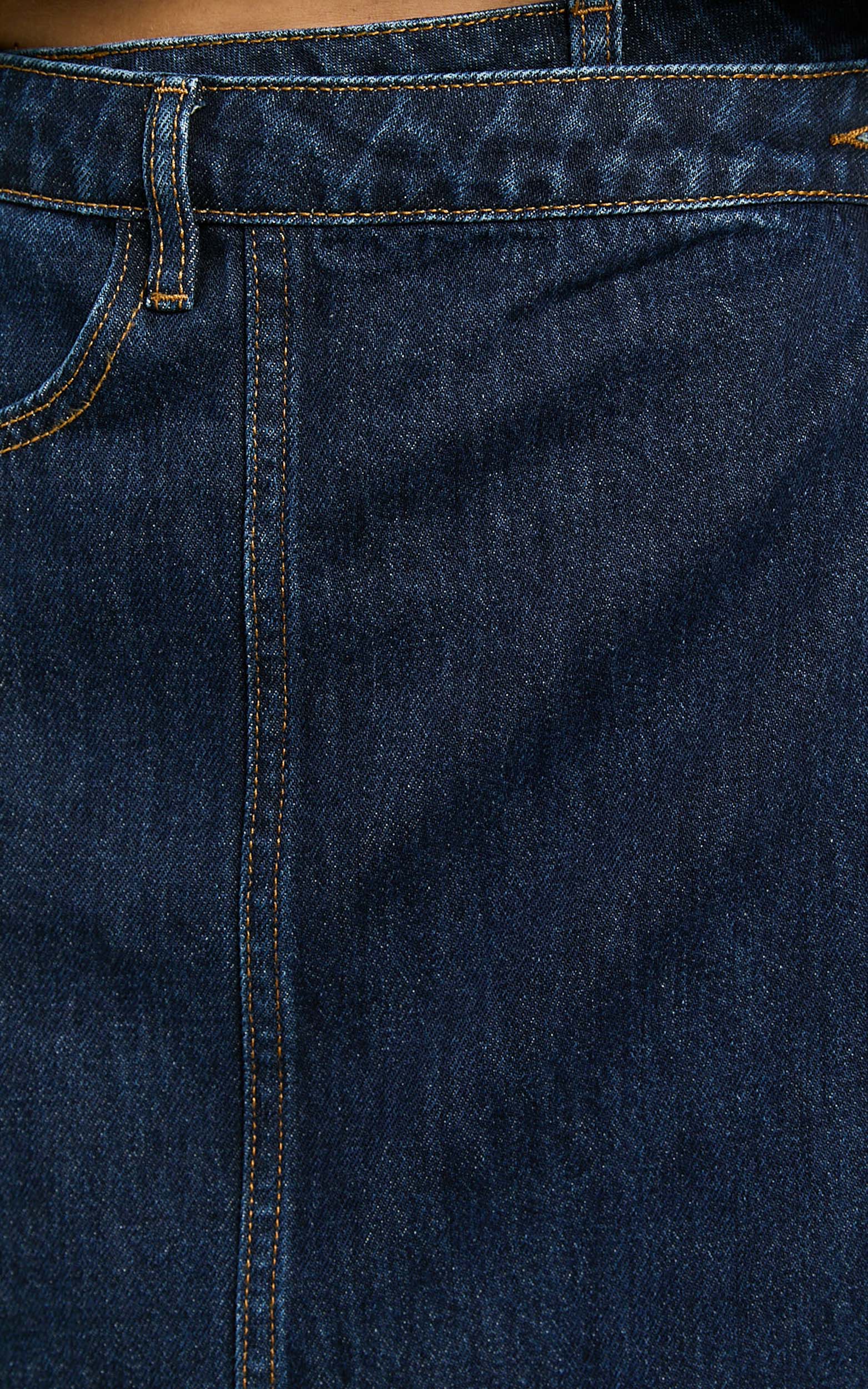 Katherine Mini Skirt - Cross Front Recycled Denim Skirt in Dark Blue Wash