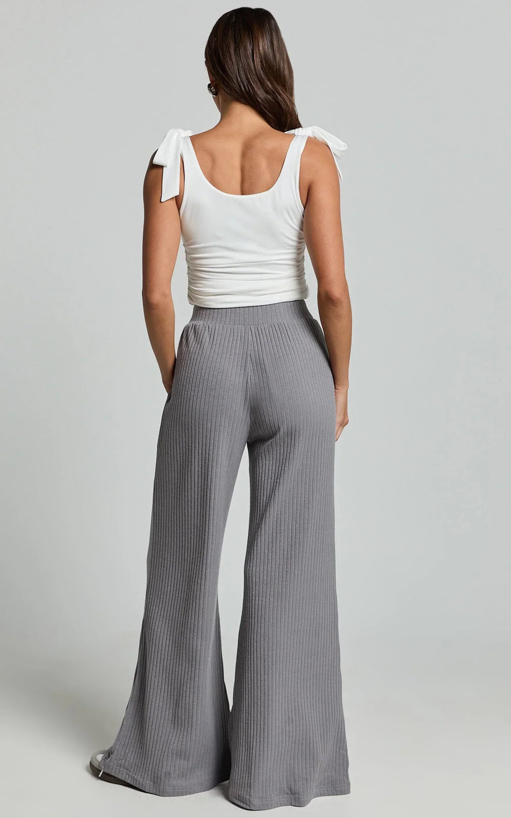 Adriana Pants - Ribbed High Waist Wide Leg Pants in Slate Grey