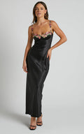 Harmony Midi Dress - Floral Detail Cup Bust Satin Dress in Black