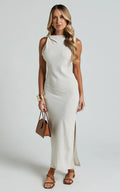 Jessenia Midi Dress - Linen High Neck Dress in Natural