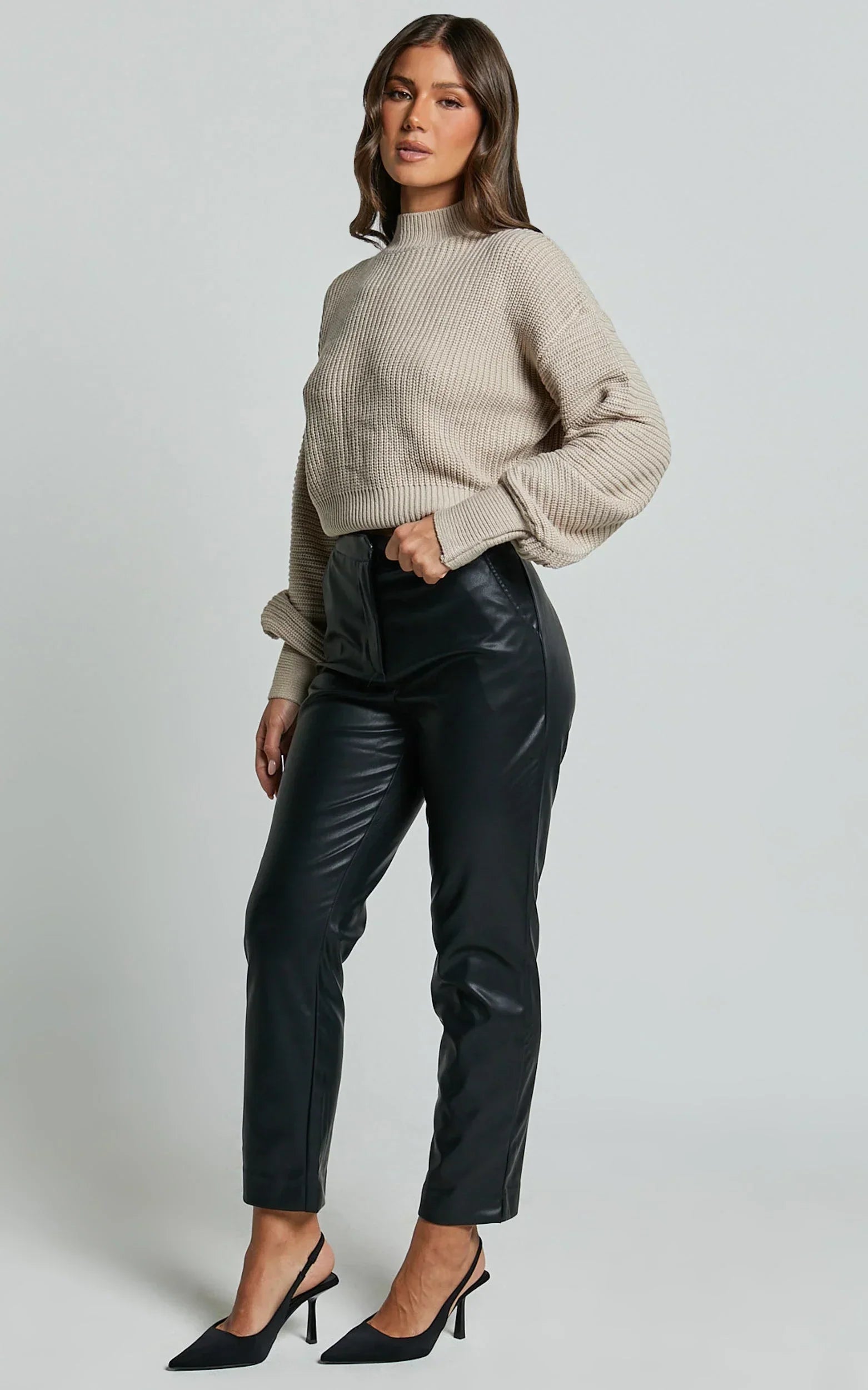 Azelia Pants - Mid Rise Cropped Faux Leather Pants in Black