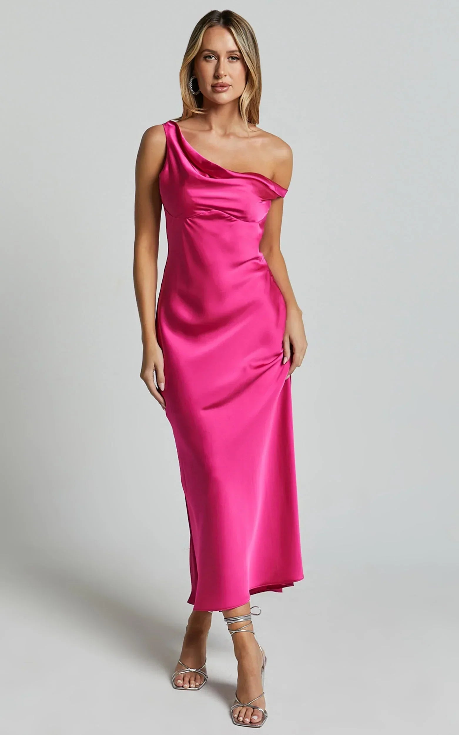Alexia Midi Dress - One Shoulder Bust Slip Dress in Fuschia