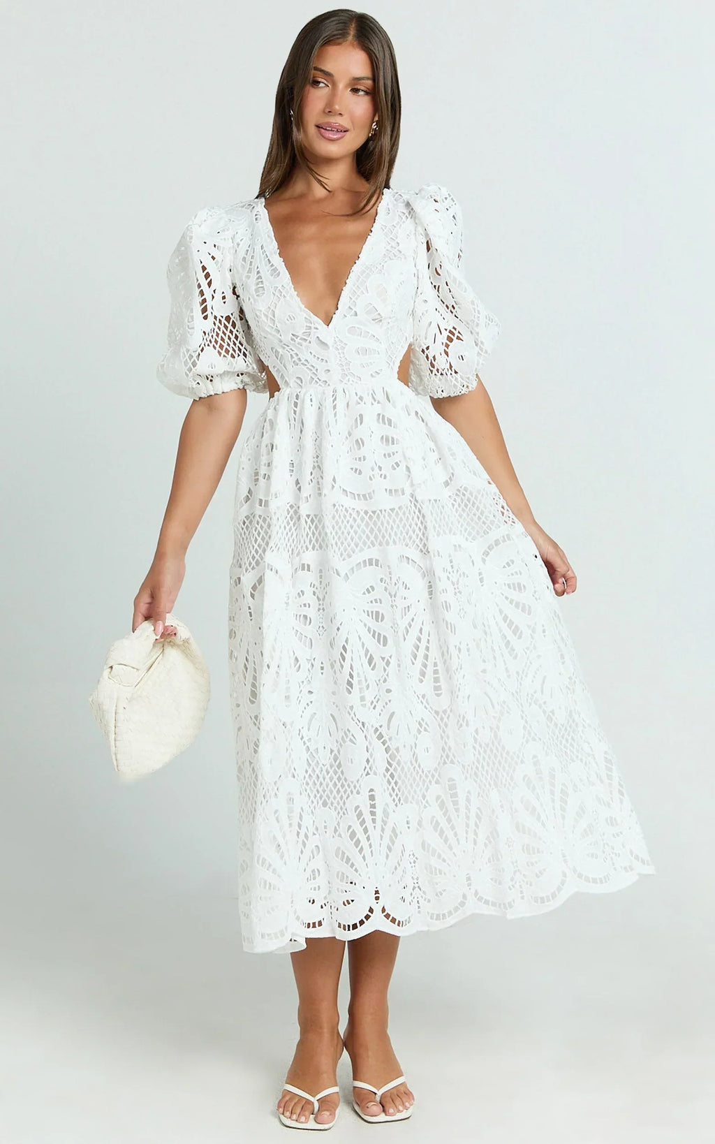 Anieshaya Midi Dress - V Neck Cut Out Lace Dress in White