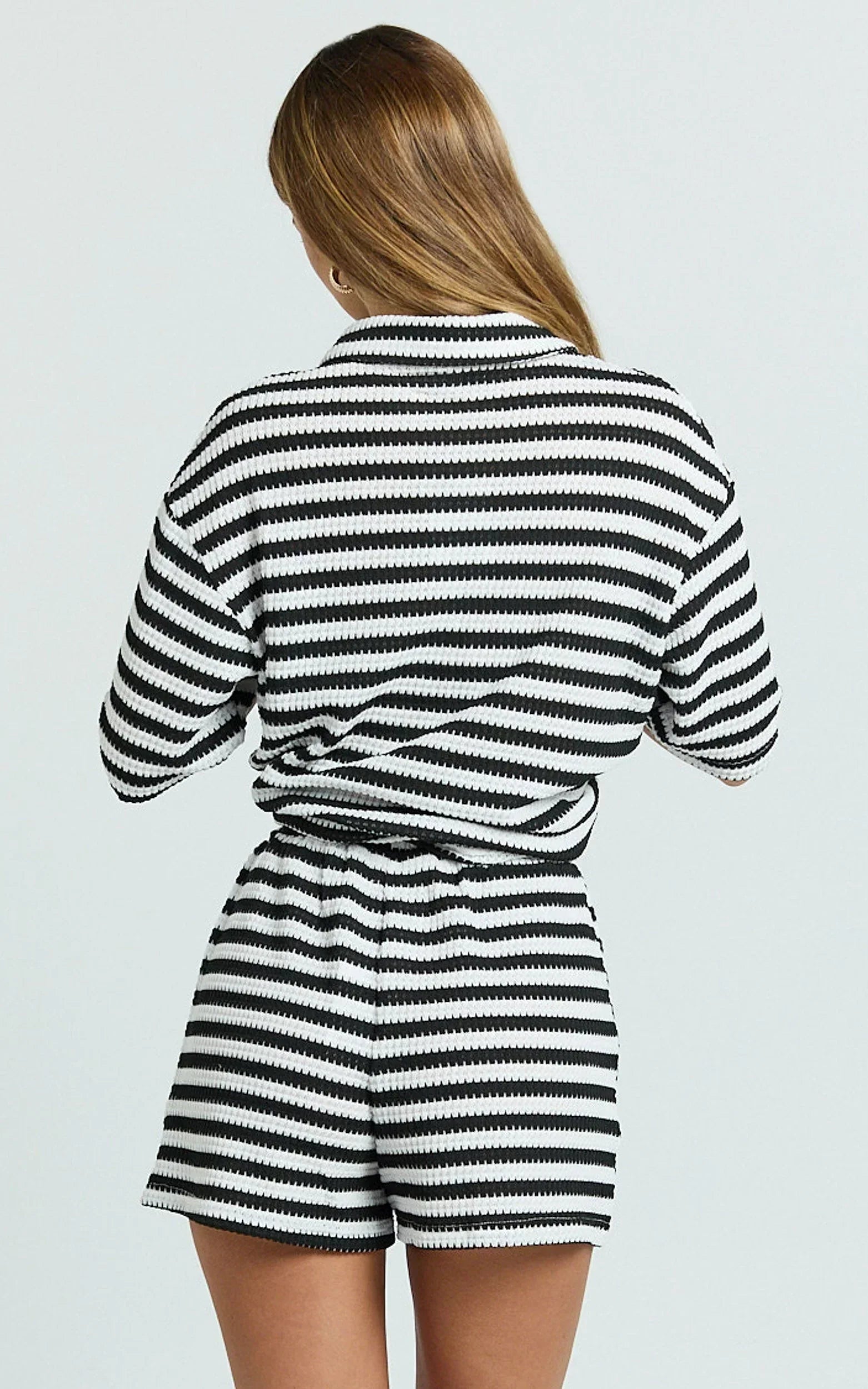 Brenda Short - Textured Stripe Short in White/Black Stripe