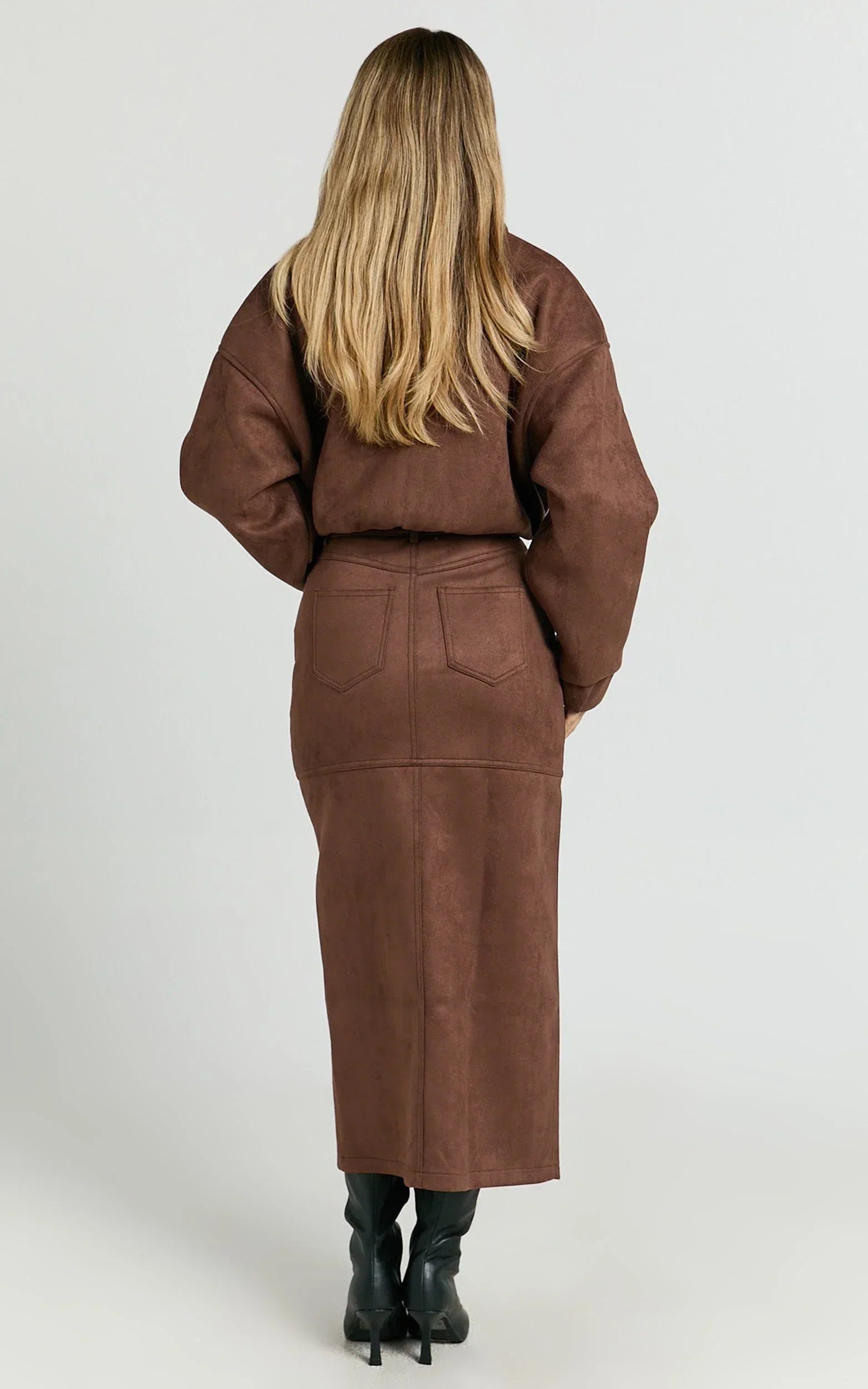 Nessa Midi Skirt - High Waisted Fitted Suede Skirt in Dark Chestnut