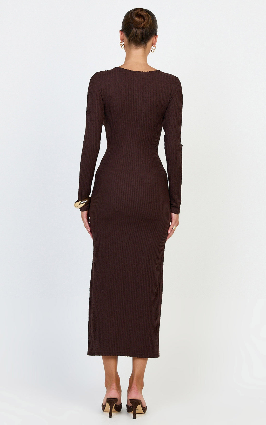 Zayla Midi Dress - Long Sleeve Button Front Bodycon Dress in Chocolate