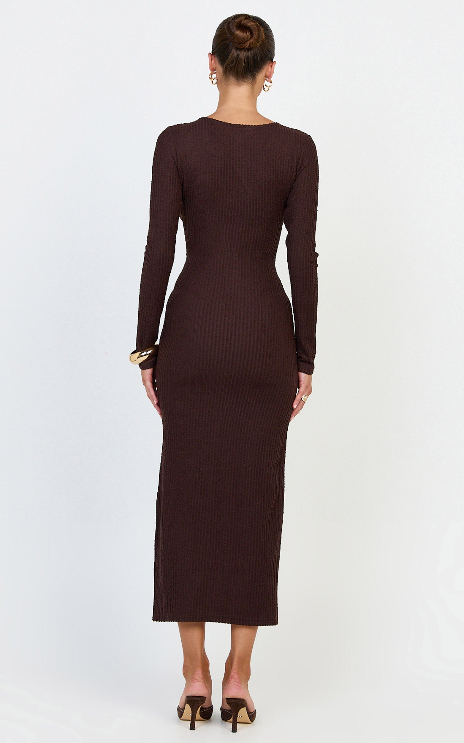 Zayla Midi Dress - Long Sleeve Button Front Bodycon Dress in Chocolate