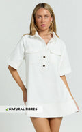 Lynda Mini Dress - Short Sleeve Collared Patch Pocket Shift Dress in Off White