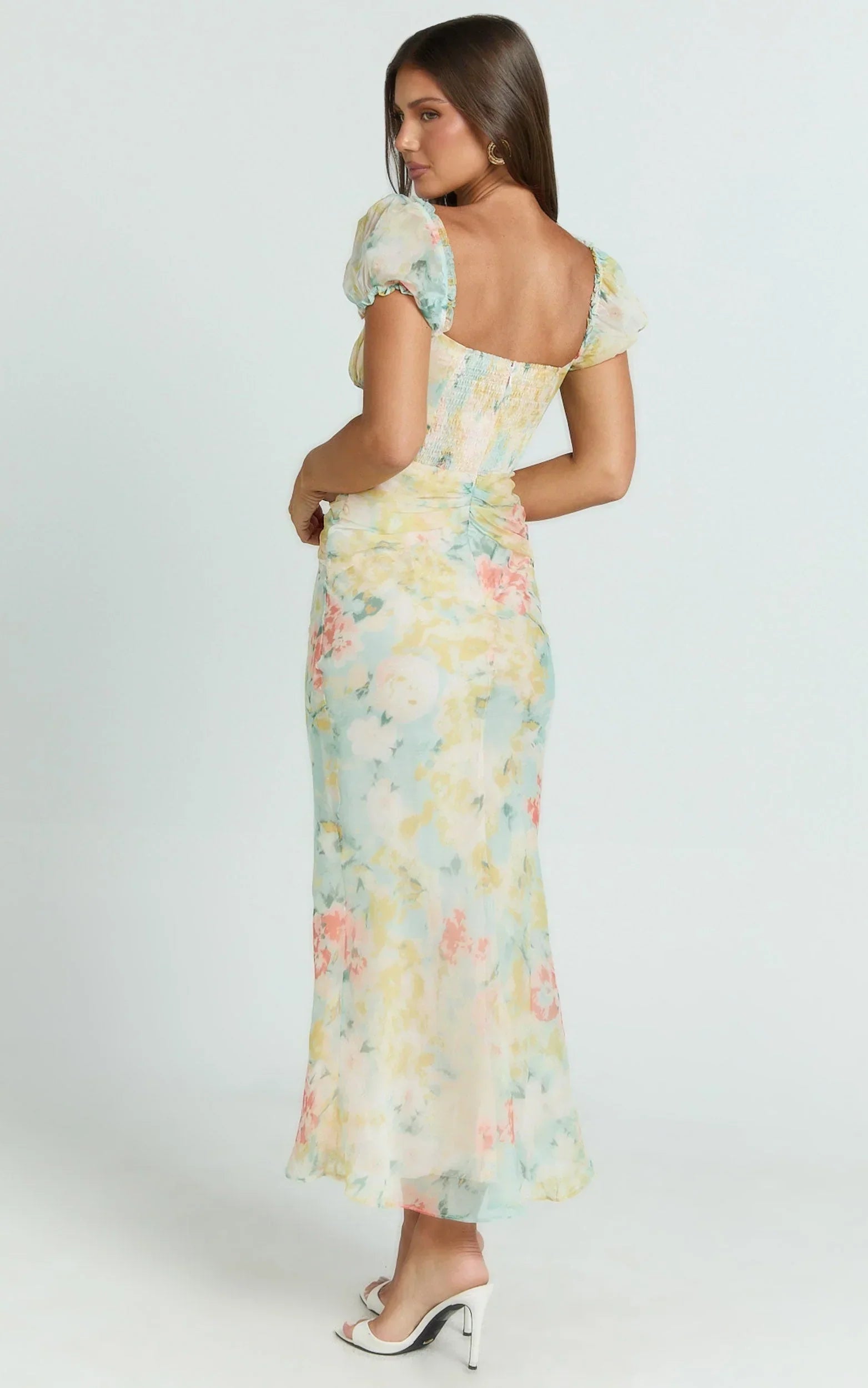Debina Maxi Dress - Sweetheart Neckline Short Sleeve Dress in Yellow