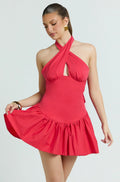 Belle Mini Dress - Keyhole Halter Top Dress in Red