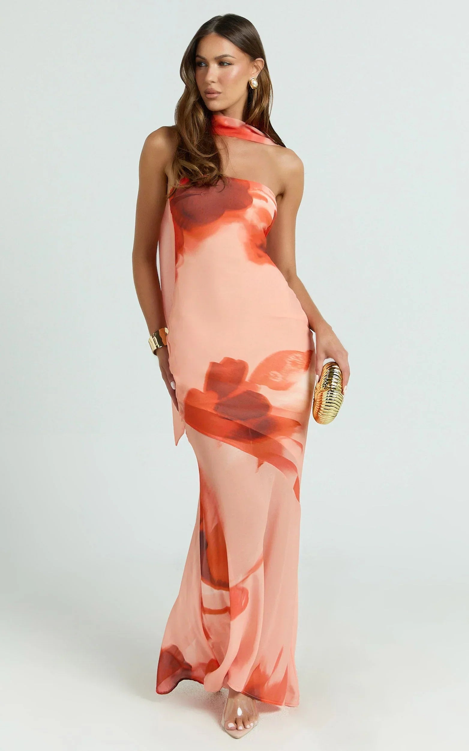 Angie Maxi Dress - Strapless Bias Column Dress with Scarf in Orange