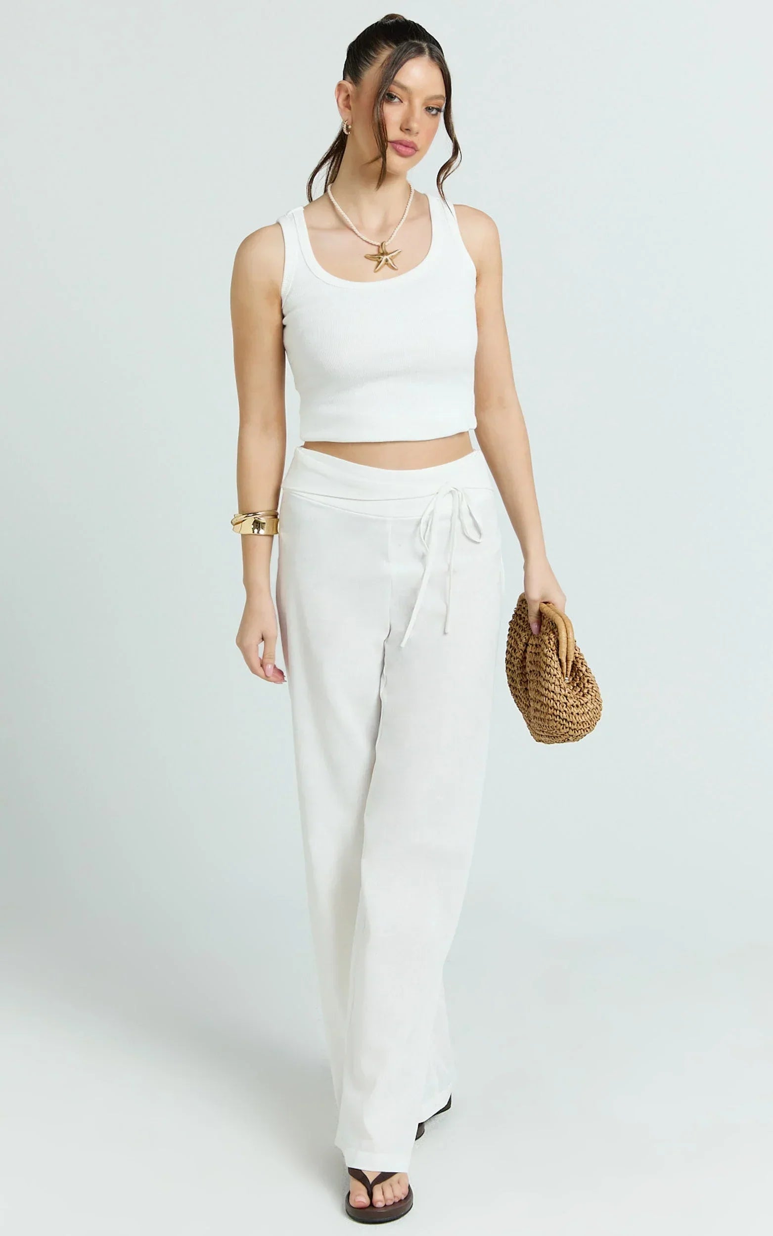 Alva Pants - High Waisted Front Tie Wide Leg Pants in White