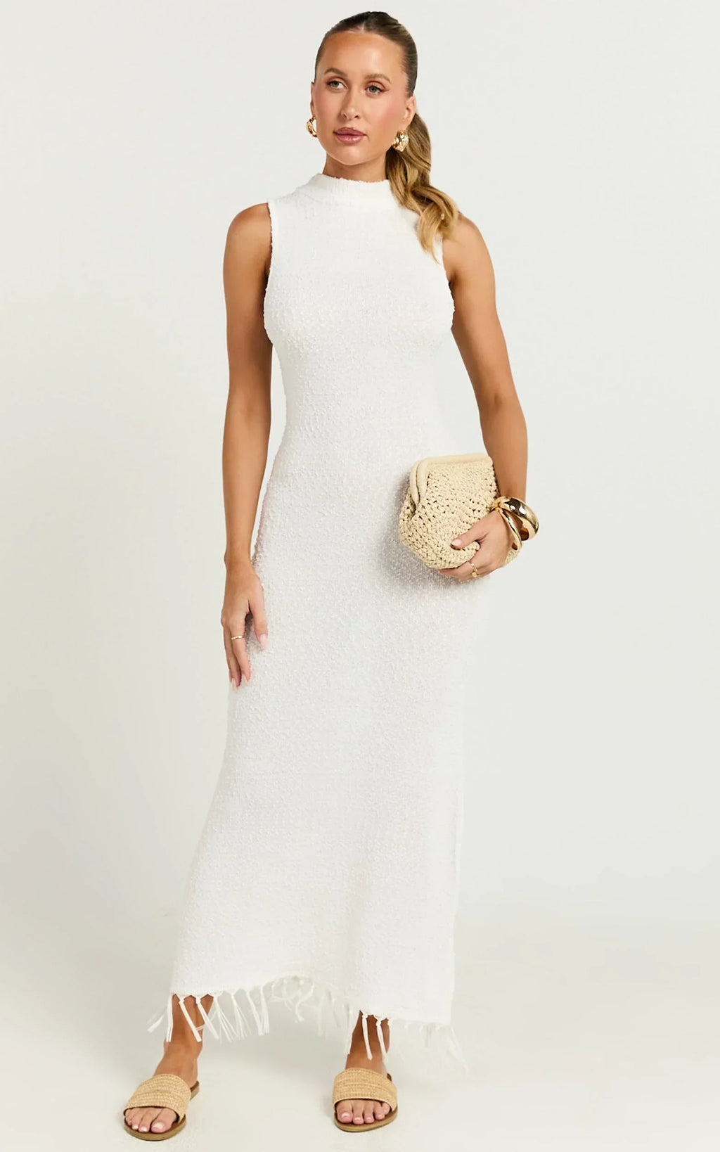 Beatrice Maxi Dress - High Neck Bodycon Knit Dress in White