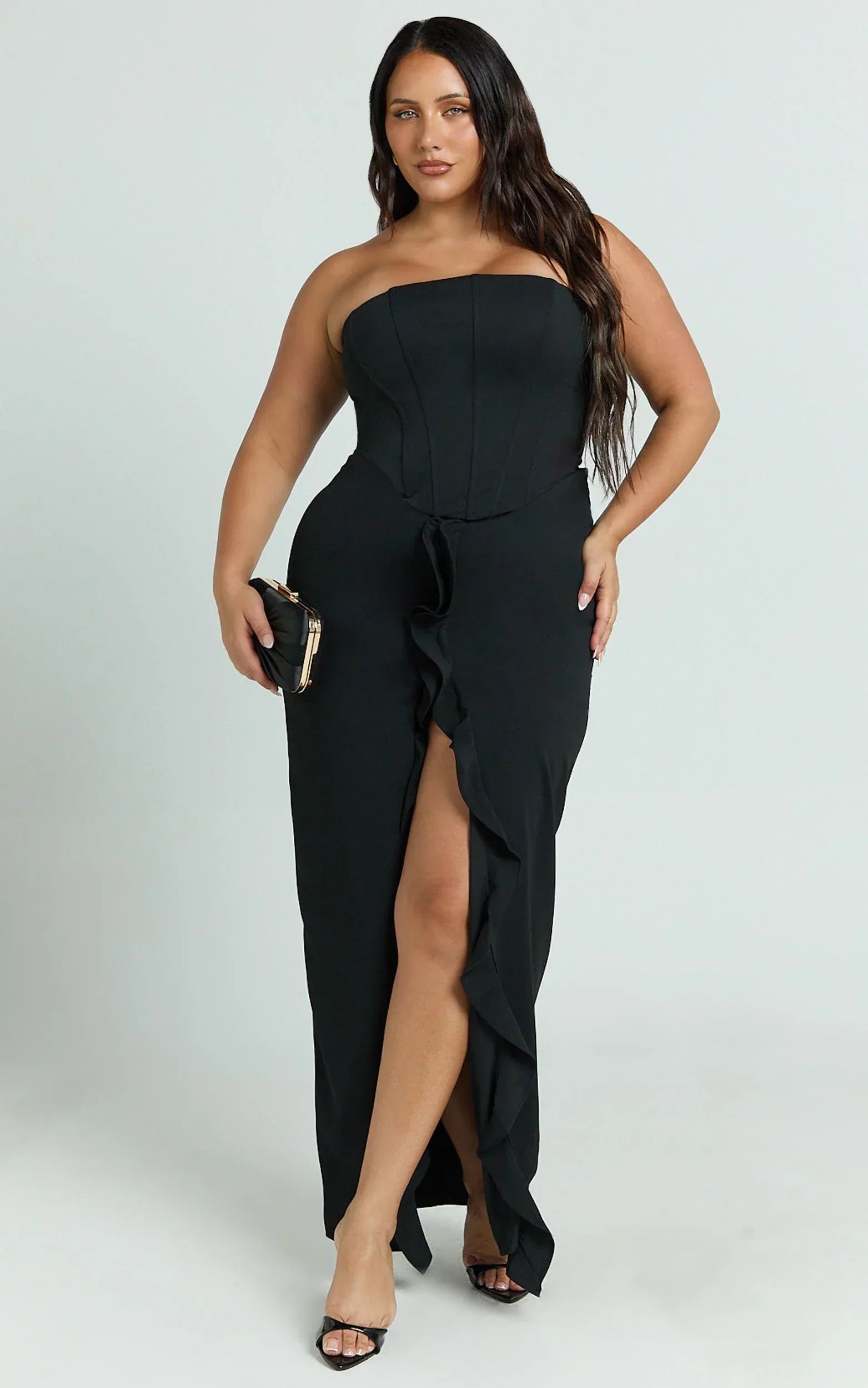 Jamilla Maxi Dress - Strapless Ruffle Front Fit And Flare Dress in Black