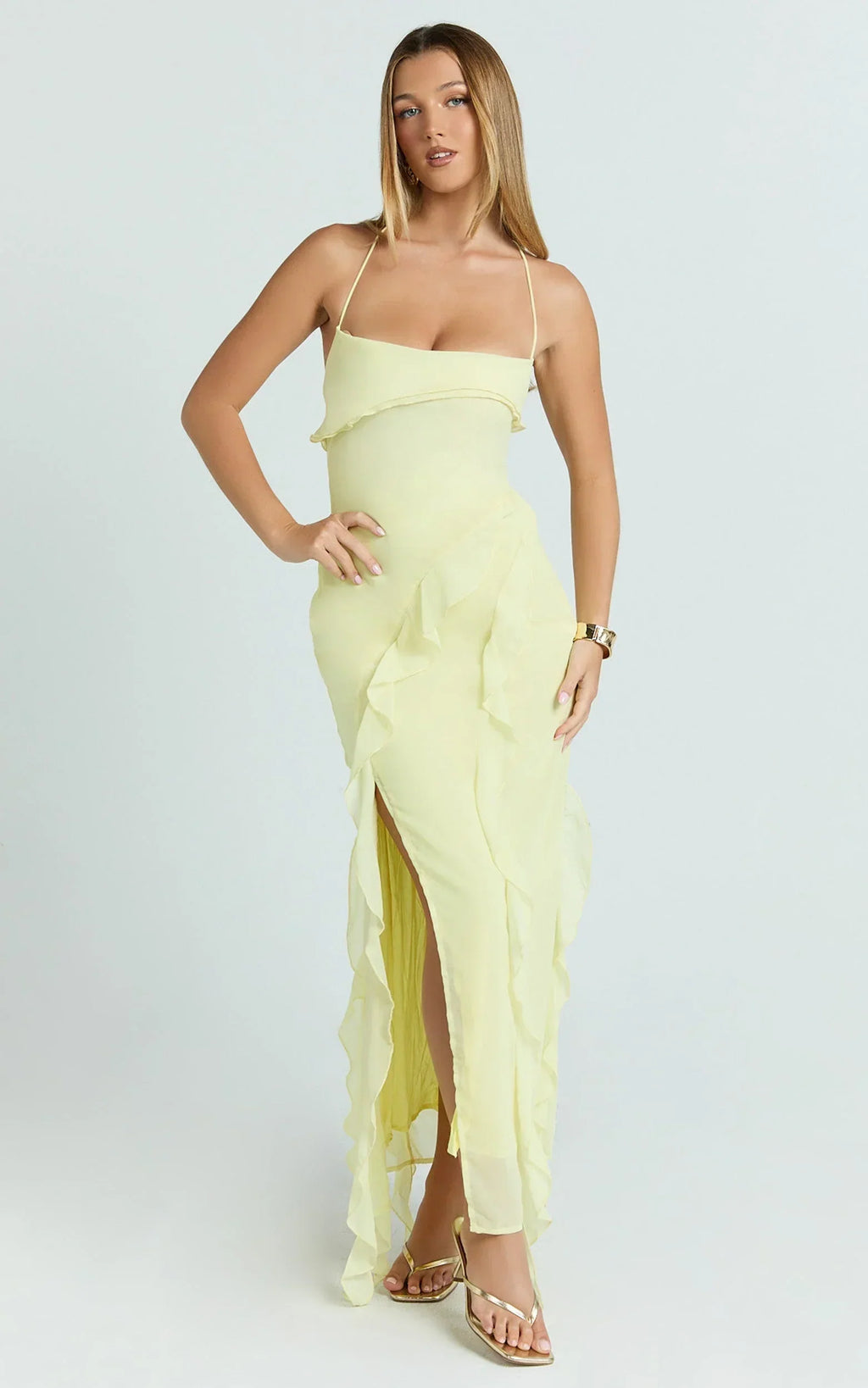 Connie Midi Dress - Ruffle Detail Dress in Lemon