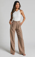 Larissa Trousers - Linen Mid Waisted Relaxed Straight Leg Trousers in Mushroom
