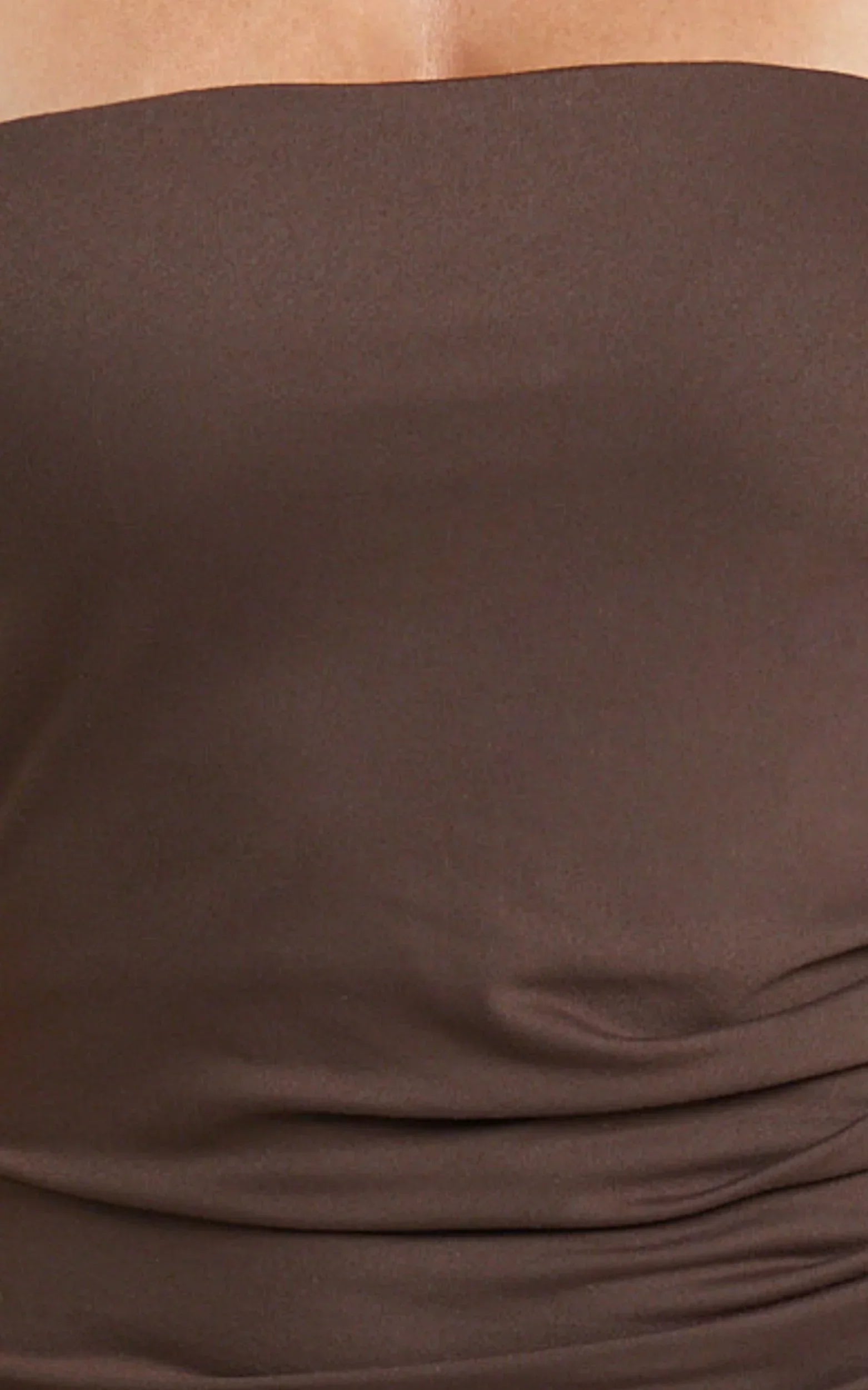 Natasha Midi Dress - Strapless Ruched Column Dress in Chocolate