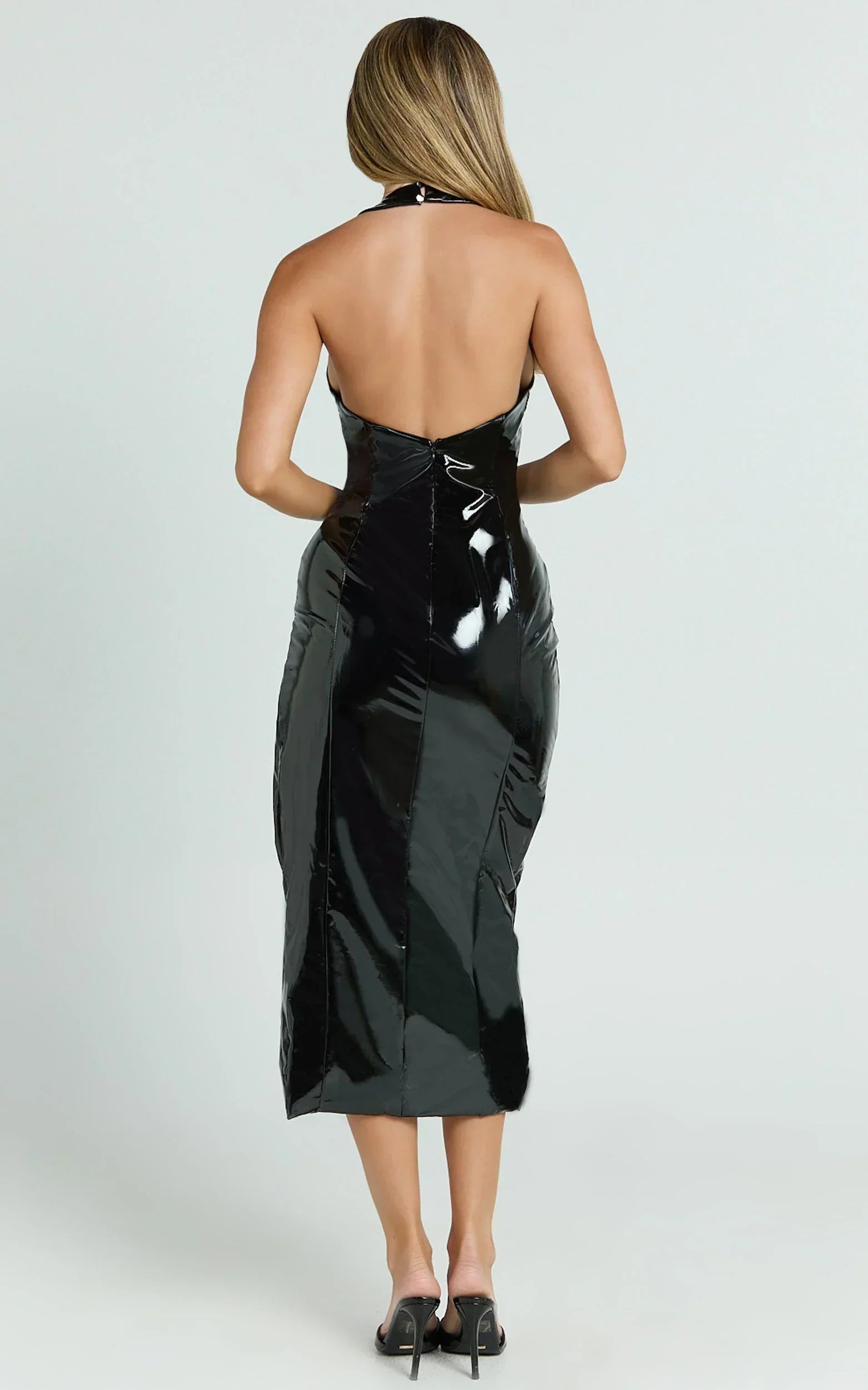 Carey Midi Dress - PU Plunge Halter Low Back High Split Dress in Black