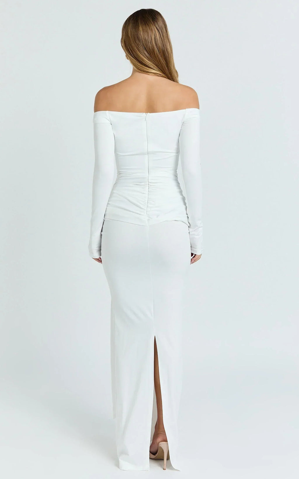 Judith Maxi Dress - Boat Neck Backless Tie Front Long Sleeve Jersey Dress in Cream