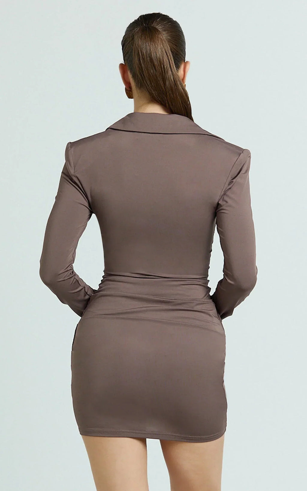Heath Mini Dress - Concealed Placket Drape Gather Skirt Overlay Dress in Brown