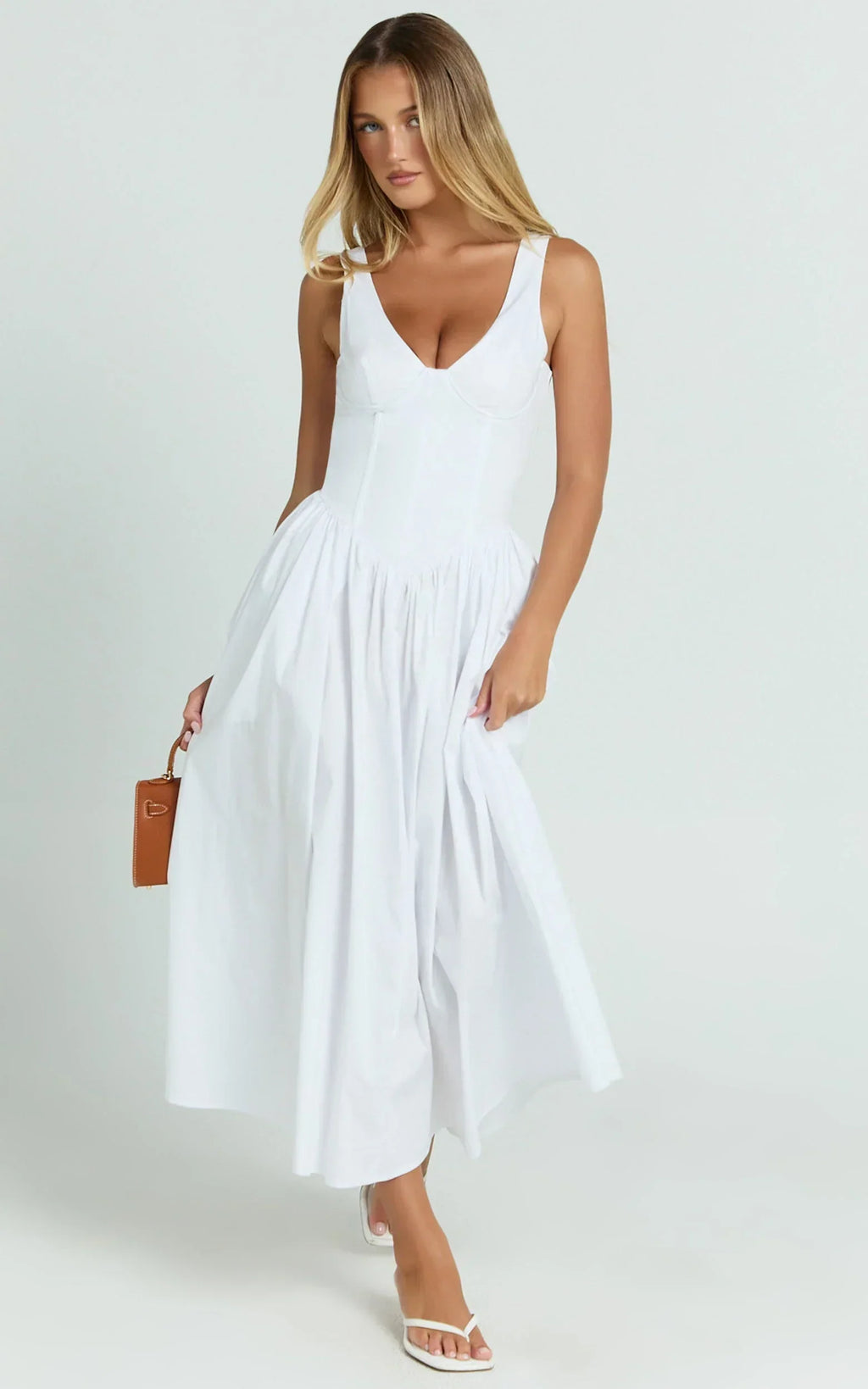 Beckett Midi Dress - Scoop Neck Drop V Waist Gathered Skirt Dress in White