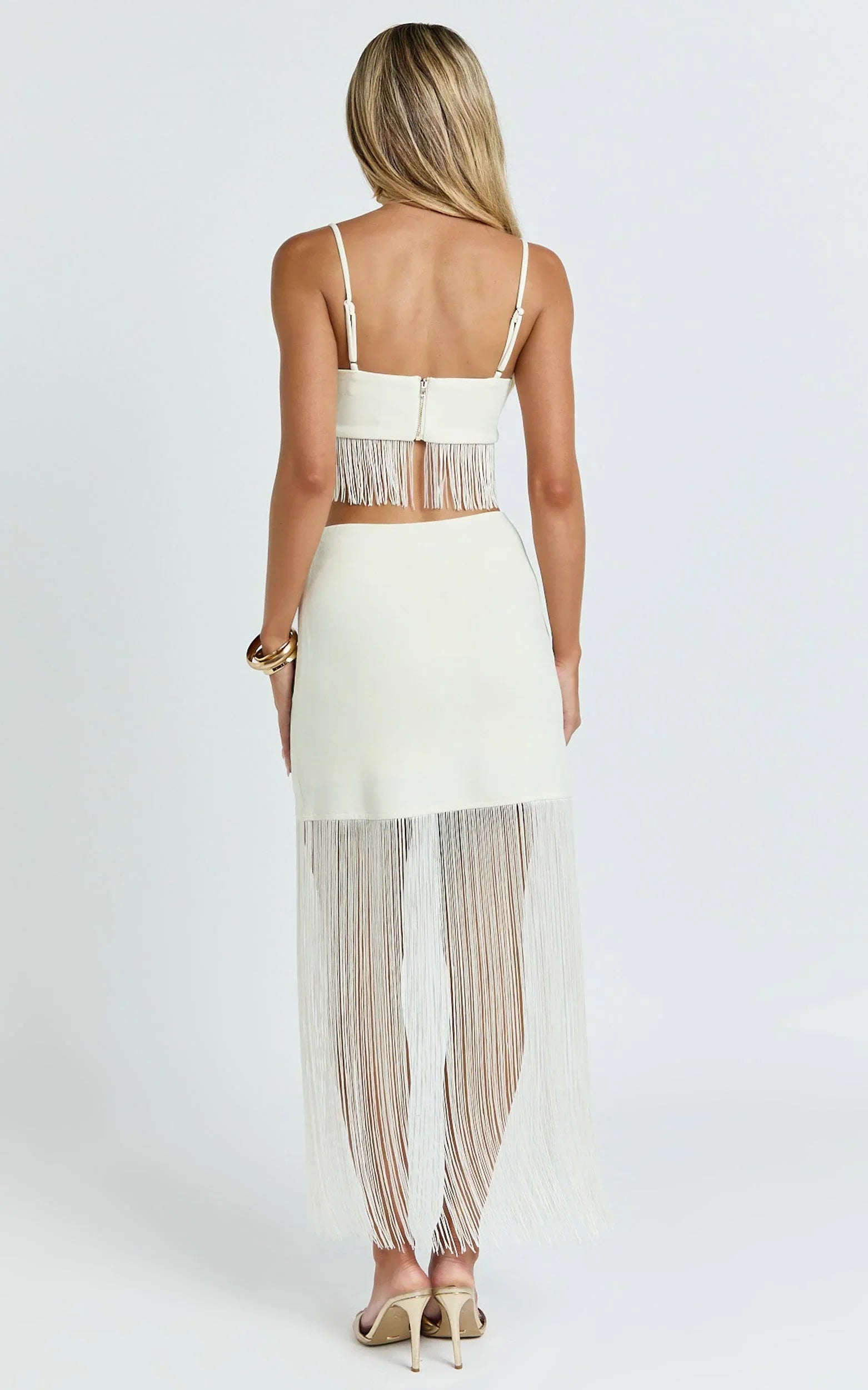 Evie Two Piece Top and Skirt Set - Fringed Micro Top And Tiered Fringed Mini Skirt in Ivory