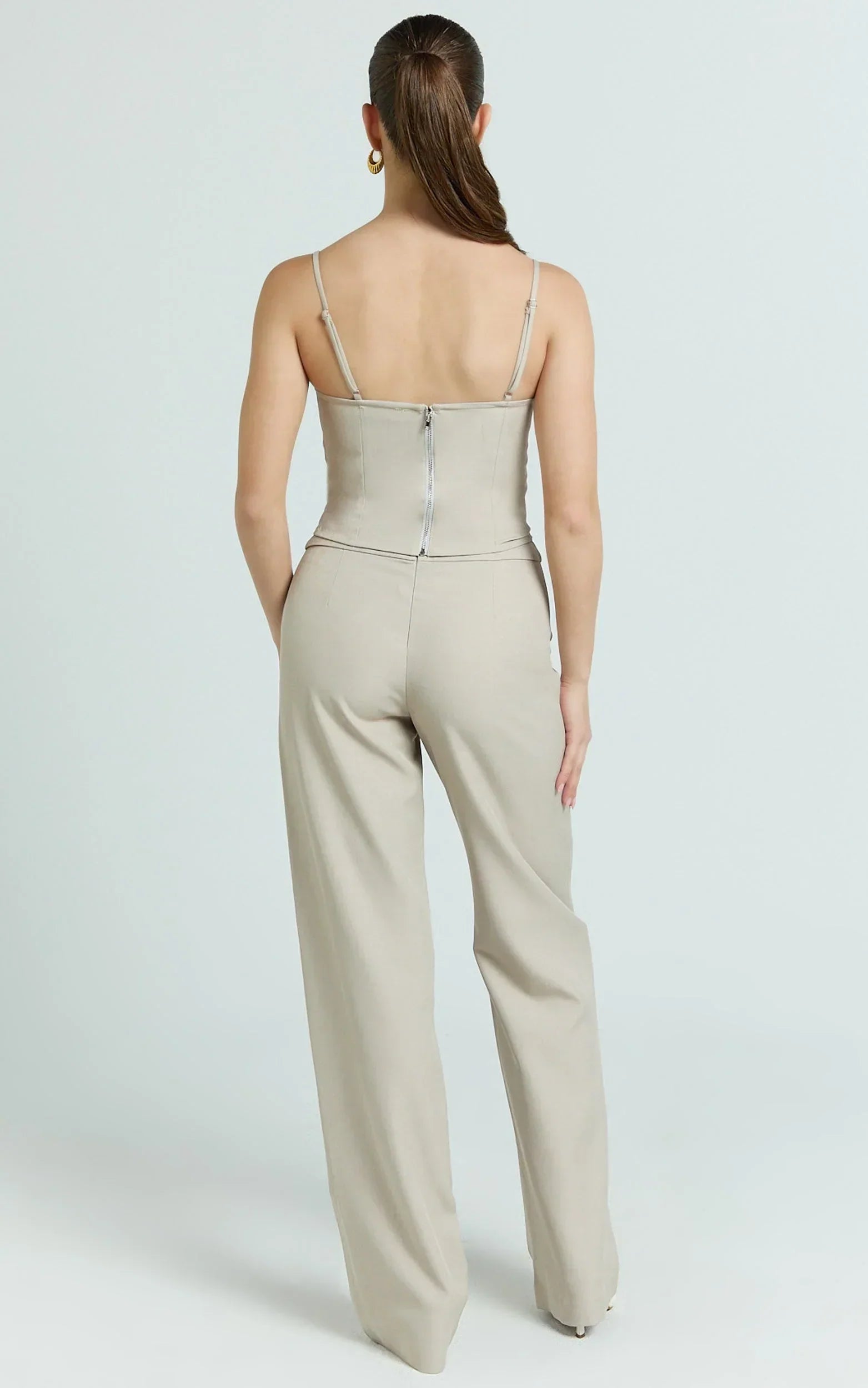 Charlize Pants - Stretch Slim Leg Front Buckle Pants in Stone