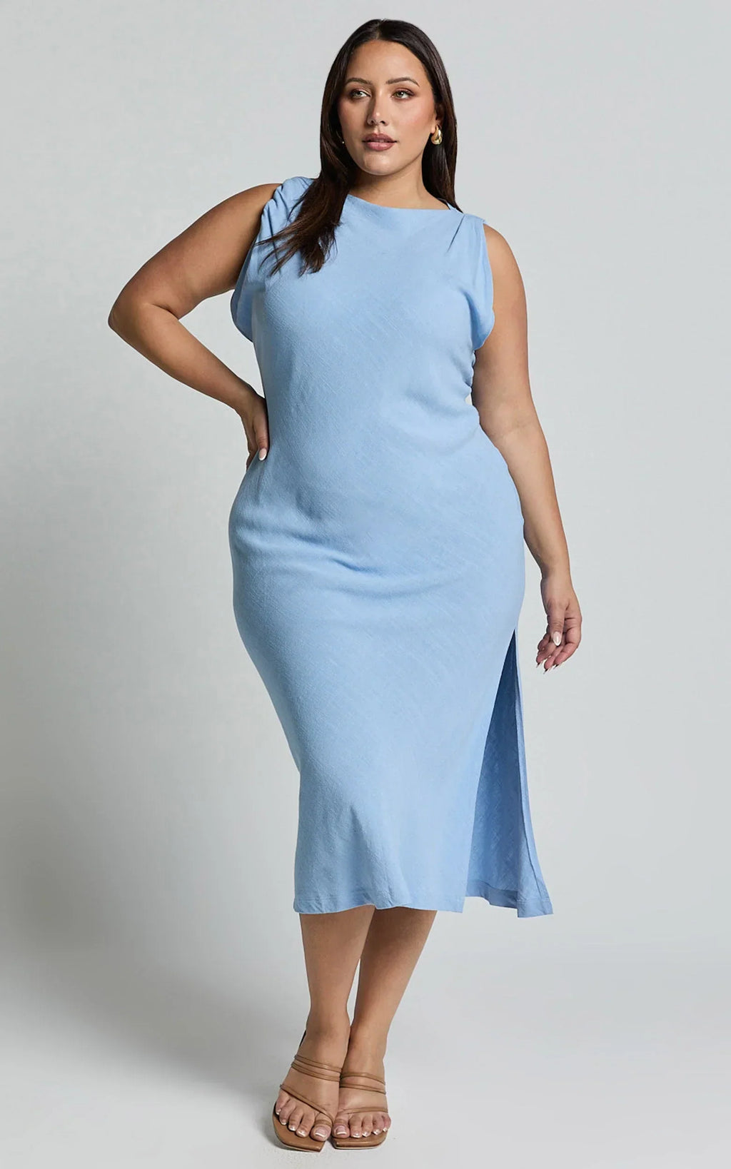 Jessenia Midi Dress - Linen High Neck Dress in Blue